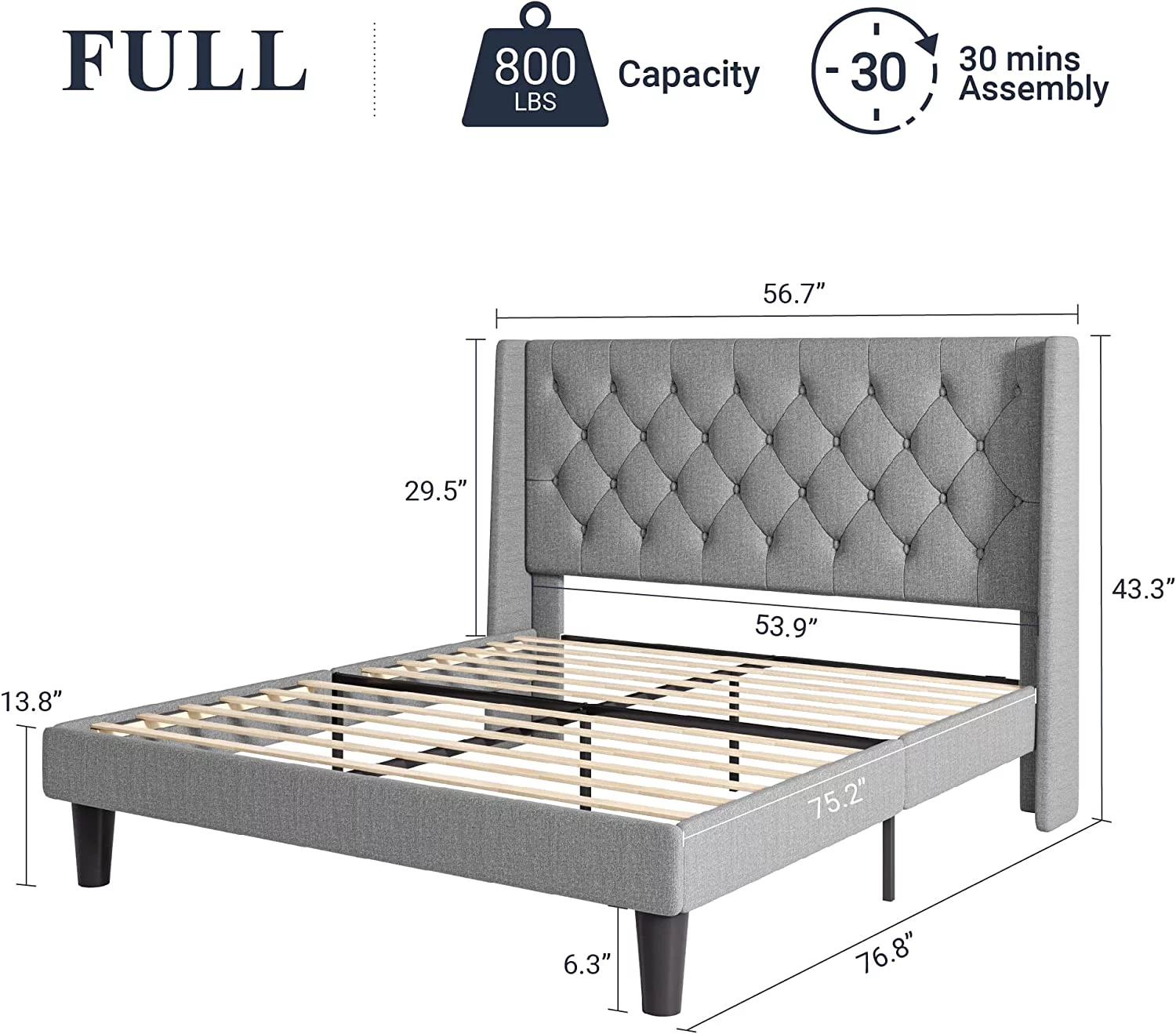 Allewie Queen Size Upholstered Platform Bed Frame with Wingback and Button Tufted Headboard, Dark Grey - Inhomebuy