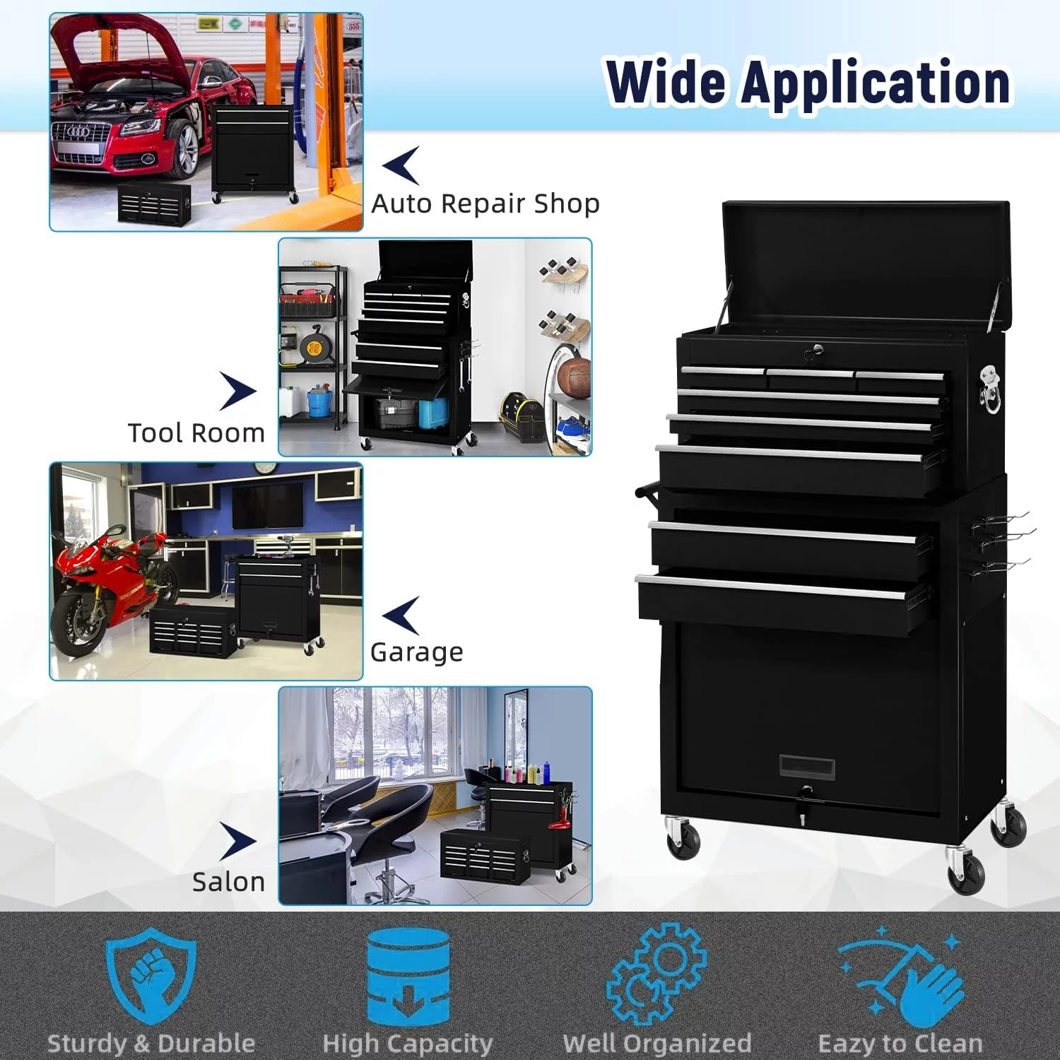 8-Drawer Rolling Tool Chest Metal Tool Box Lockable Storage Cabinet with Wheels, Black - Inhomebuy