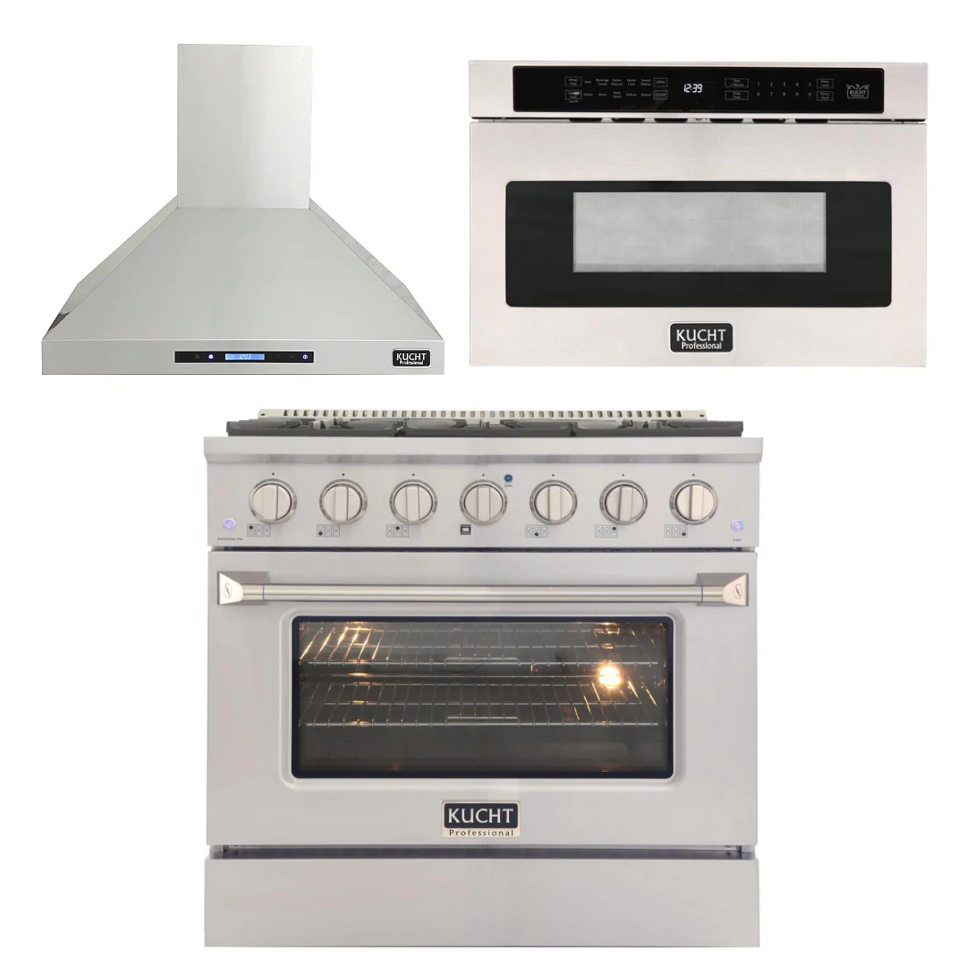 Kucht Professional 36 in. 5.2 cu ft. Natural Gas Range, Range Hood & Microwave Drawer Package, AP-KNG361-S-3 - Inhomebuy