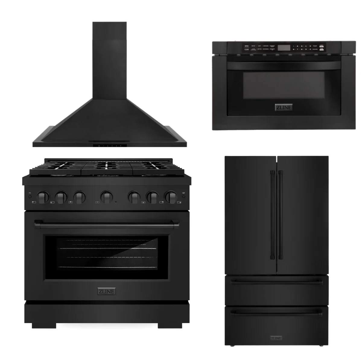 ZLINE Appliance Package - 36 in. Gas Range, Range Hood, Microwave Drawer, Refrigerator in Black Stainless, 4KPR-SGRBRH36-MW - Inhomebuy