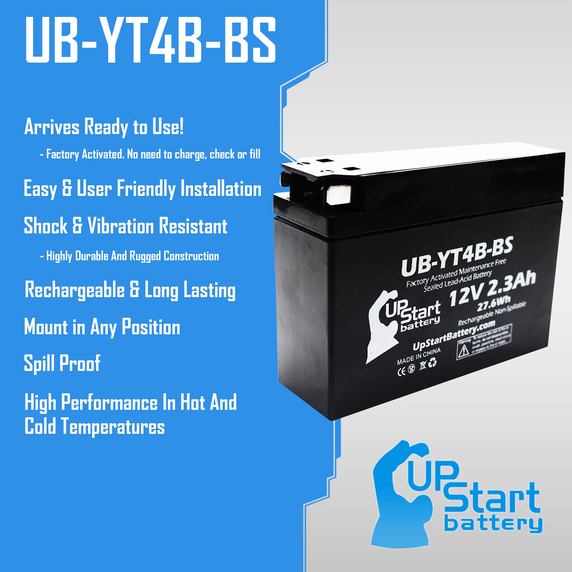UpStart Battery Replacement 2014 Yamaha TTR110E 110CC Factory Activated, Maintenance Free, Motorcycle Battery - 12V, 2.3Ah, UB-YT4B-BS - Inhomebuy