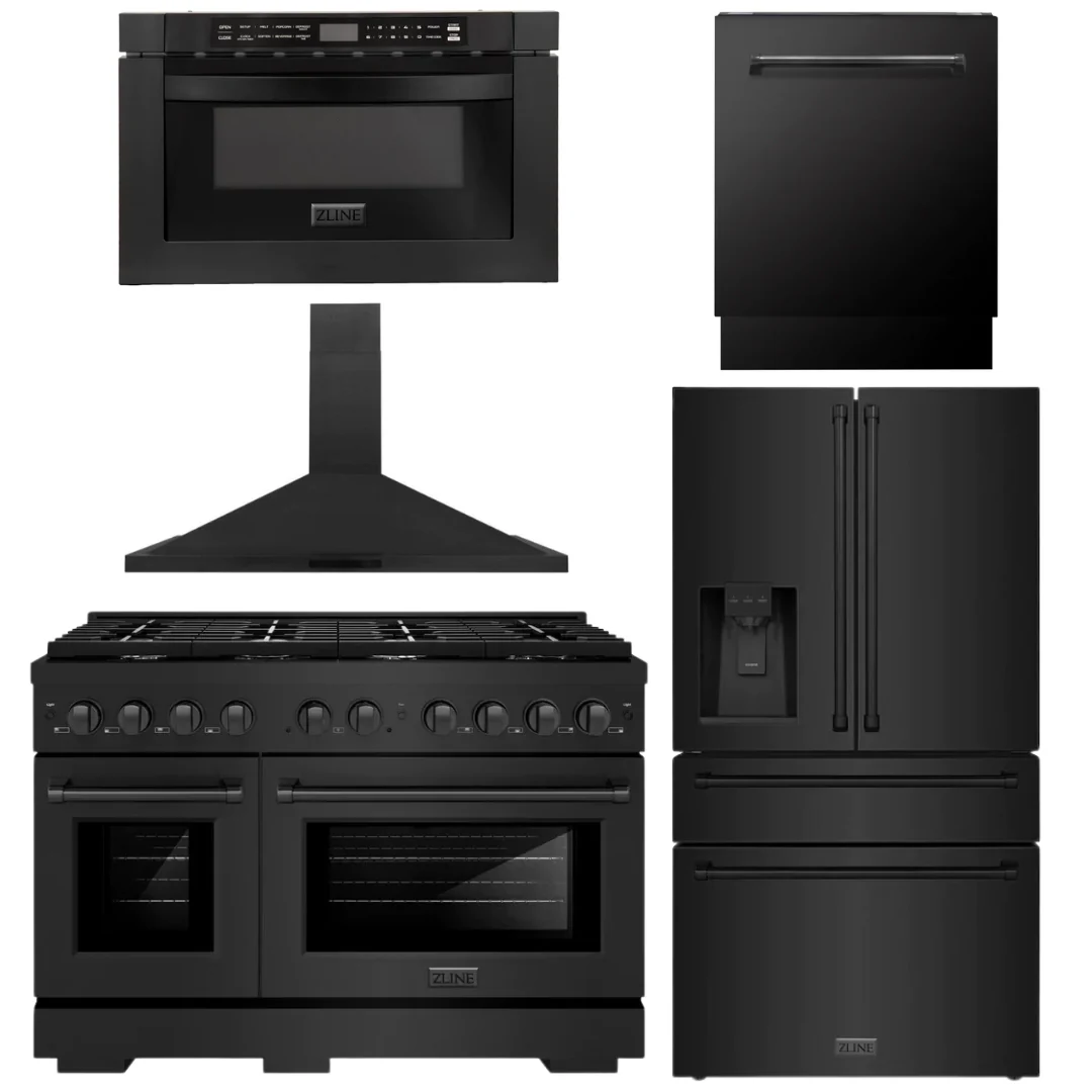 ZLINE 5-Piece Appliance Package - 48 In. Gas Range, Range Hood, Refrigerator, Microwave and Dishwasher in Black Stainless Steel, 5KPR-SGRBRH48-MWDWV - Inhomebuy