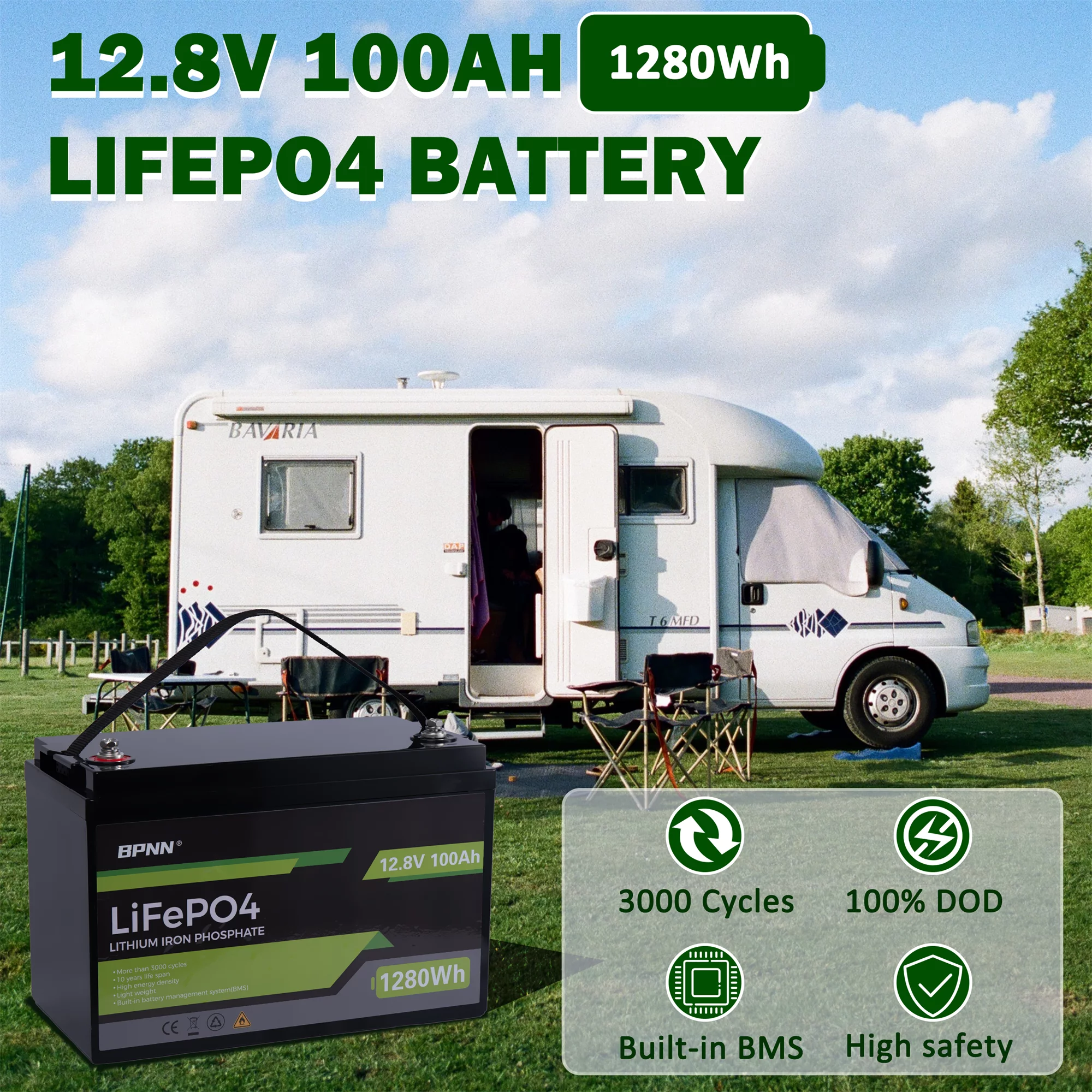 BPNN 12V 100Ah LiFePO4 Battery Long Cycles 12V Lithium Battery for RV Home Backup - Inhomebuy