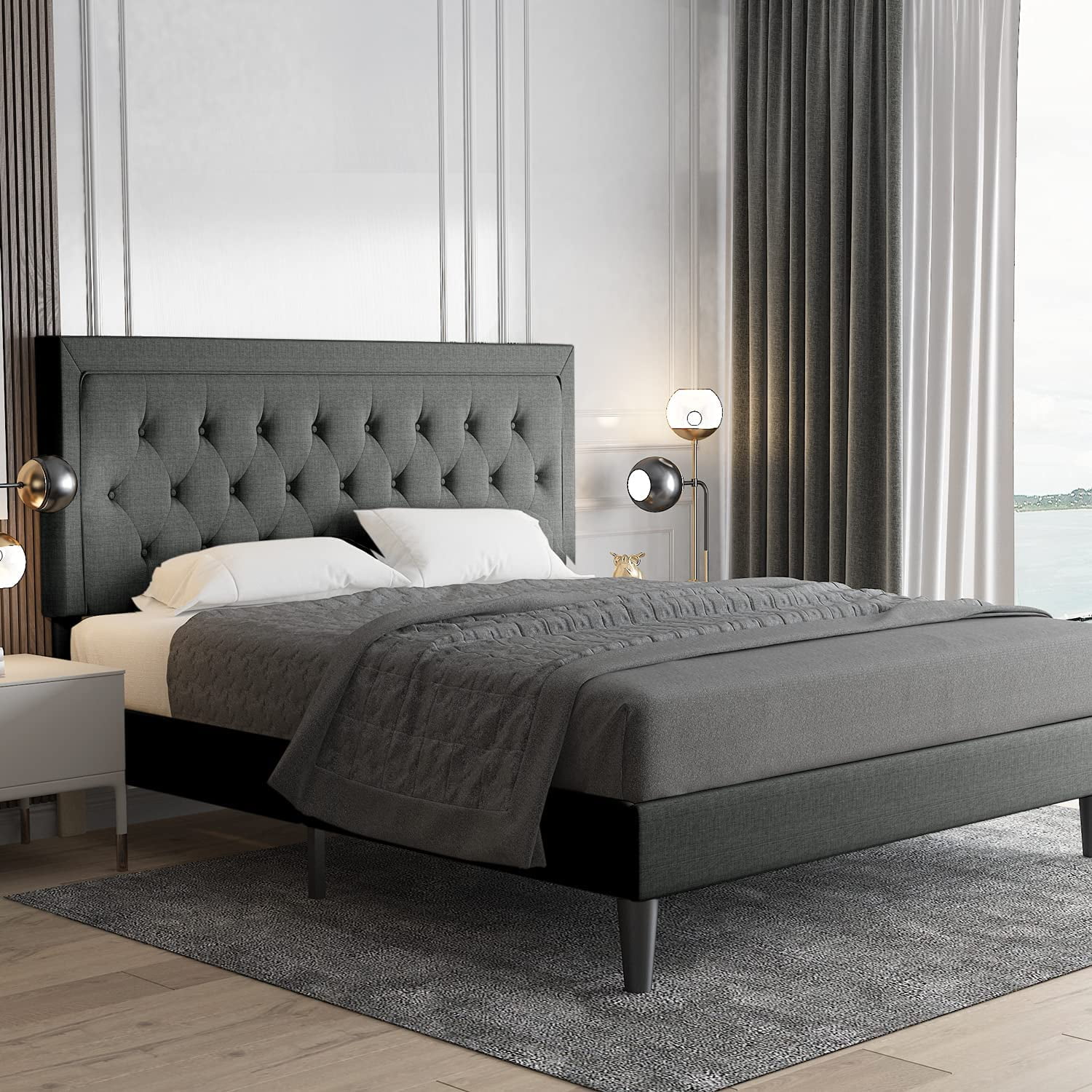 Allewie Queen Size Bed Frame Upholstered Platform Bed with Adjustable Headboard, Box Spring not Needed, Dark Grey - Inhomebuy
