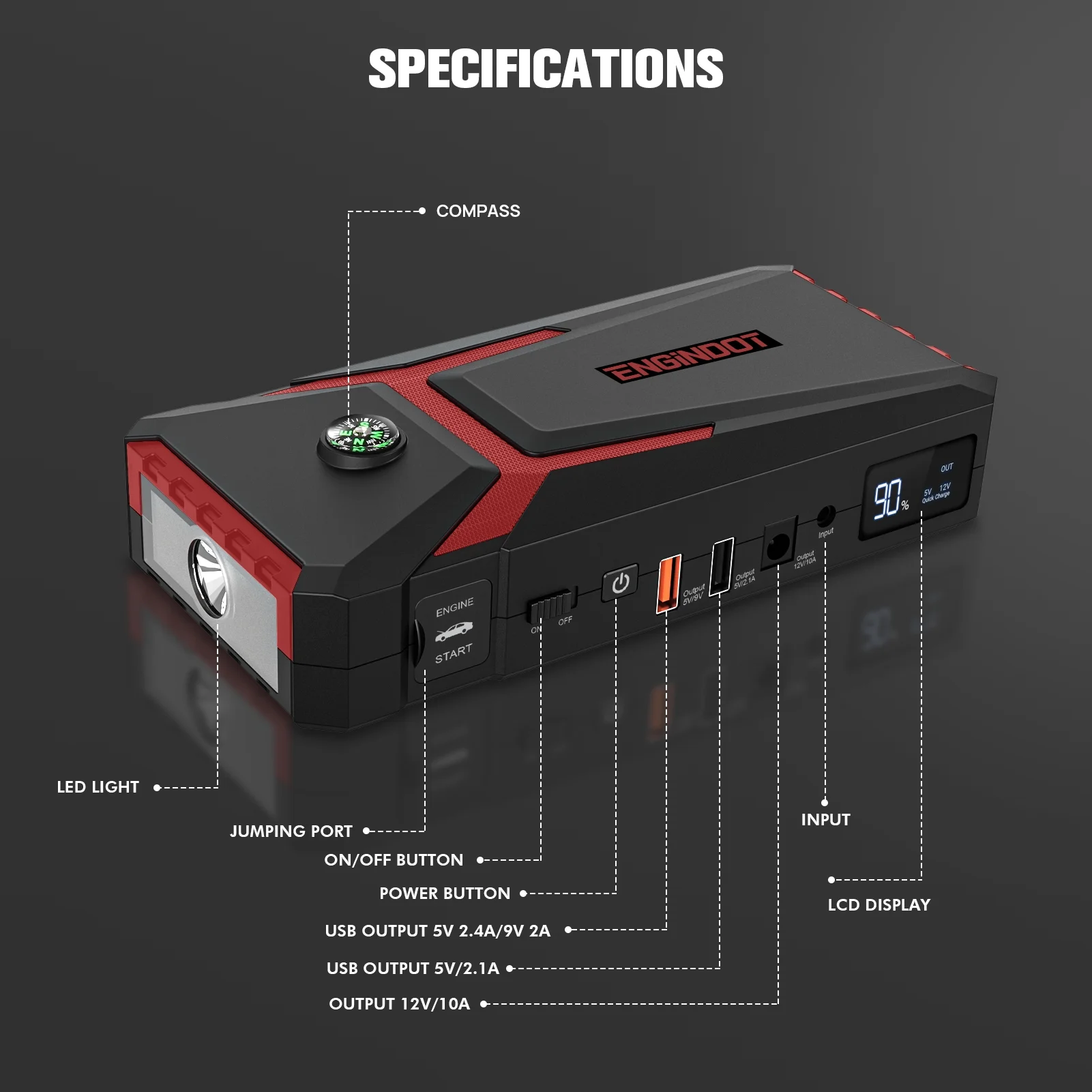 ENGINDOT Jump Starter for up to 7.0L Gas or 5.5L Diesel Engine, 800A Peak 18000mAh 12V Auto Battery Booster with LCD Screen, with USB Quick Charge, Red - Inhomebuy