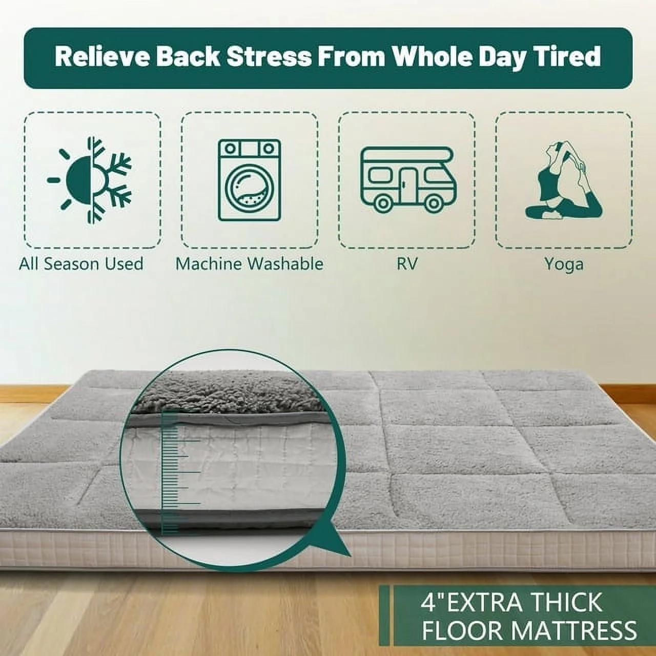 ABORON Japanese Floor Mattress, Upgraded Reversible Winter Futon Mattress Foam Mattress, 4