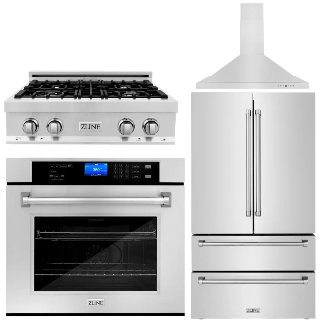 ZLINE 4-Piece Appliance Package - 30 In. Rangetop, Range Hood, Refrigerator, and Double Wall Oven in Stainless Steel, 4KPR-RTRH30-AWS - Inhomebuy