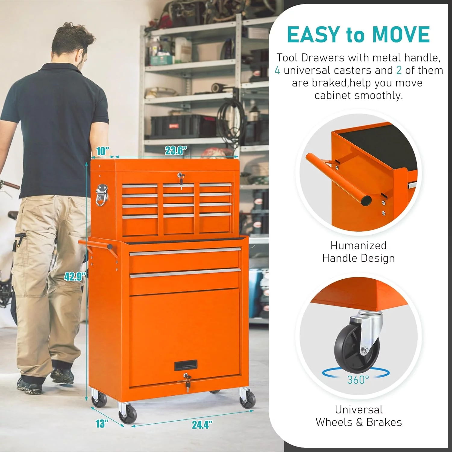 2-IN-1  Tool Chest & Cabinet, Large Capacity 8-Drawer Rolling Tool Box Organizer with Wheels Lockable Craft, Black - Inhomebuy