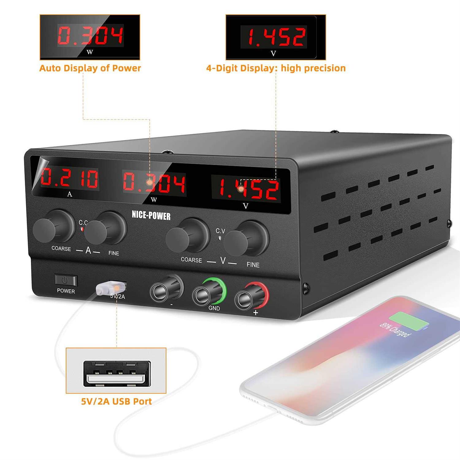 NICE-Power Adjustable DC Power Supply 30v 5A Variable Switching Regulated High Precision 4-Digits LED Display 5V/2A USB Port Output & Input Power - Inhomebuy