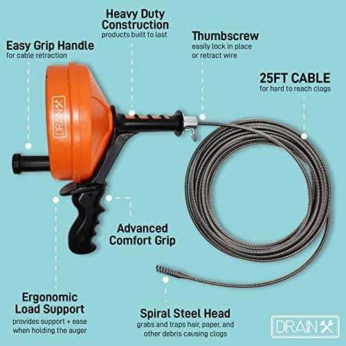 Drainx Heavy-Duty-Steel Pro Drum Drain Auger, 25 Ft., with Work Gloves and Carrying Pouch - Inhomebuy
