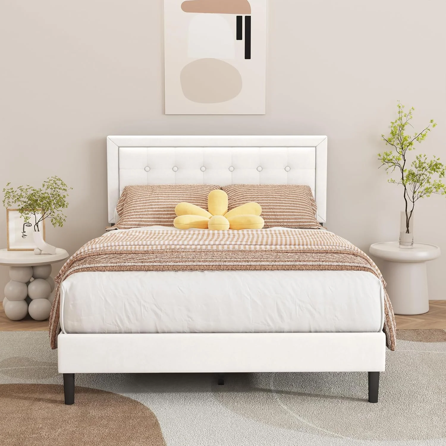 alazyhome Velvet Upholstered Platform Bed Frame Twin Size with Button Tufting Headboard , Easy Assembly, Pink - Inhomebuy