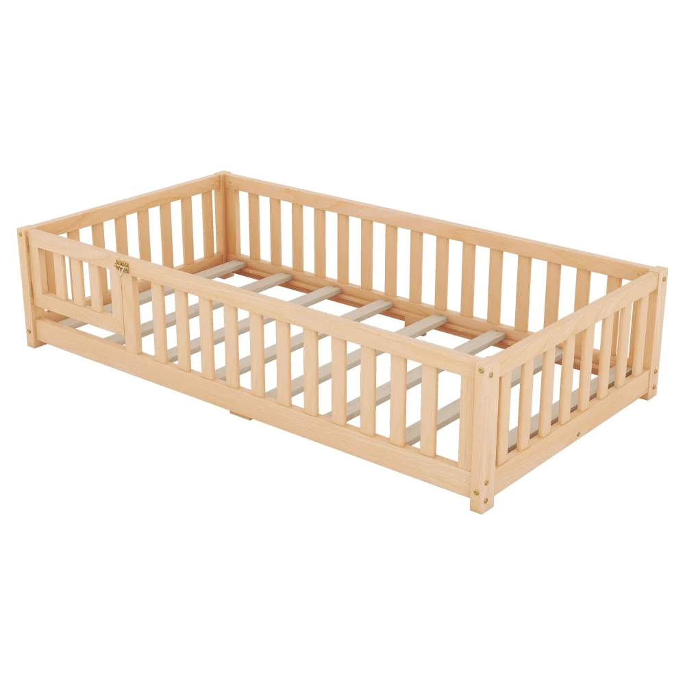 Twin Size Montessori Floor Bed with Safety Guardrails and Door, Playhouse Bed for Kids Boys Girls, Wood Montessori Bed Frame for Bedrooms, Pink - Inhomebuy