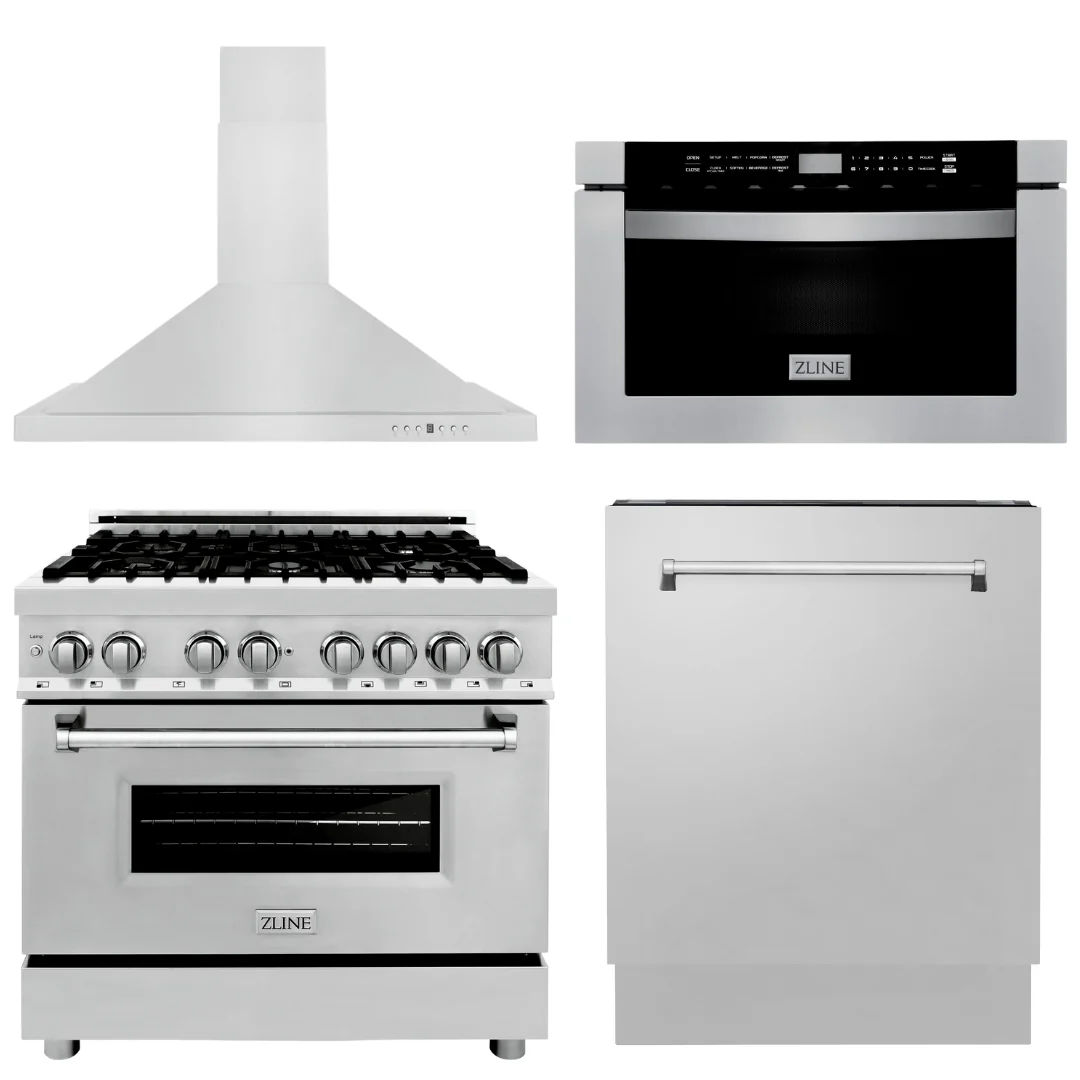 ZLINE Appliance Package - 36 in. Dual Fuel Range, Range Hood, Microwave Drawer, 3 Rack Dishwasher, 4KP-RARH36-MWDWV - Inhomebuy
