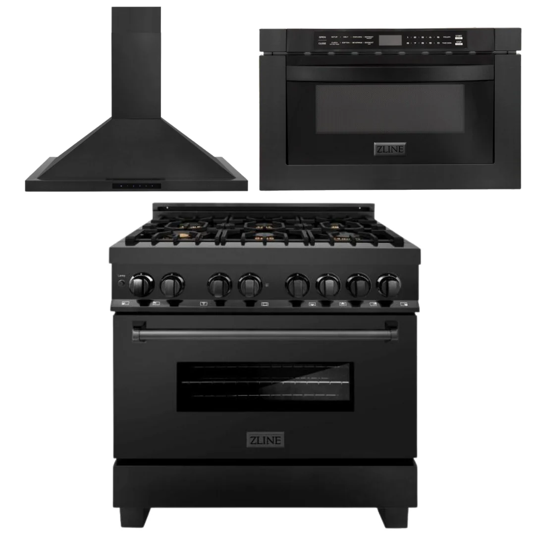 ZLINE 36 in. Kitchen Appliance Package with Black Stainless Steel Dual Fuel Range, Convertible Vent Range Hood and Microwave Drawer, 3KP-RABRH36-MW - Inhomebuy
