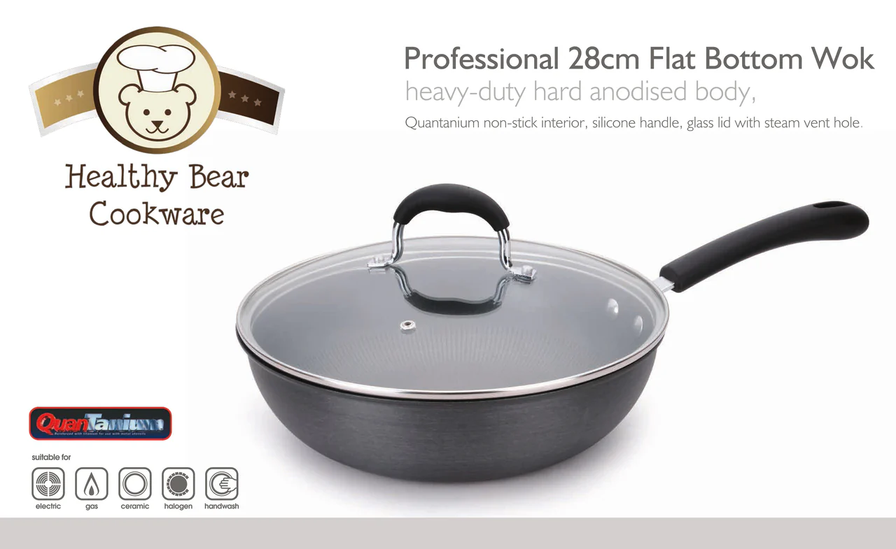 Healthy Bear hard anodized Wok |BCHA28WG| 28cm with Glass Lid - Inhomebuy