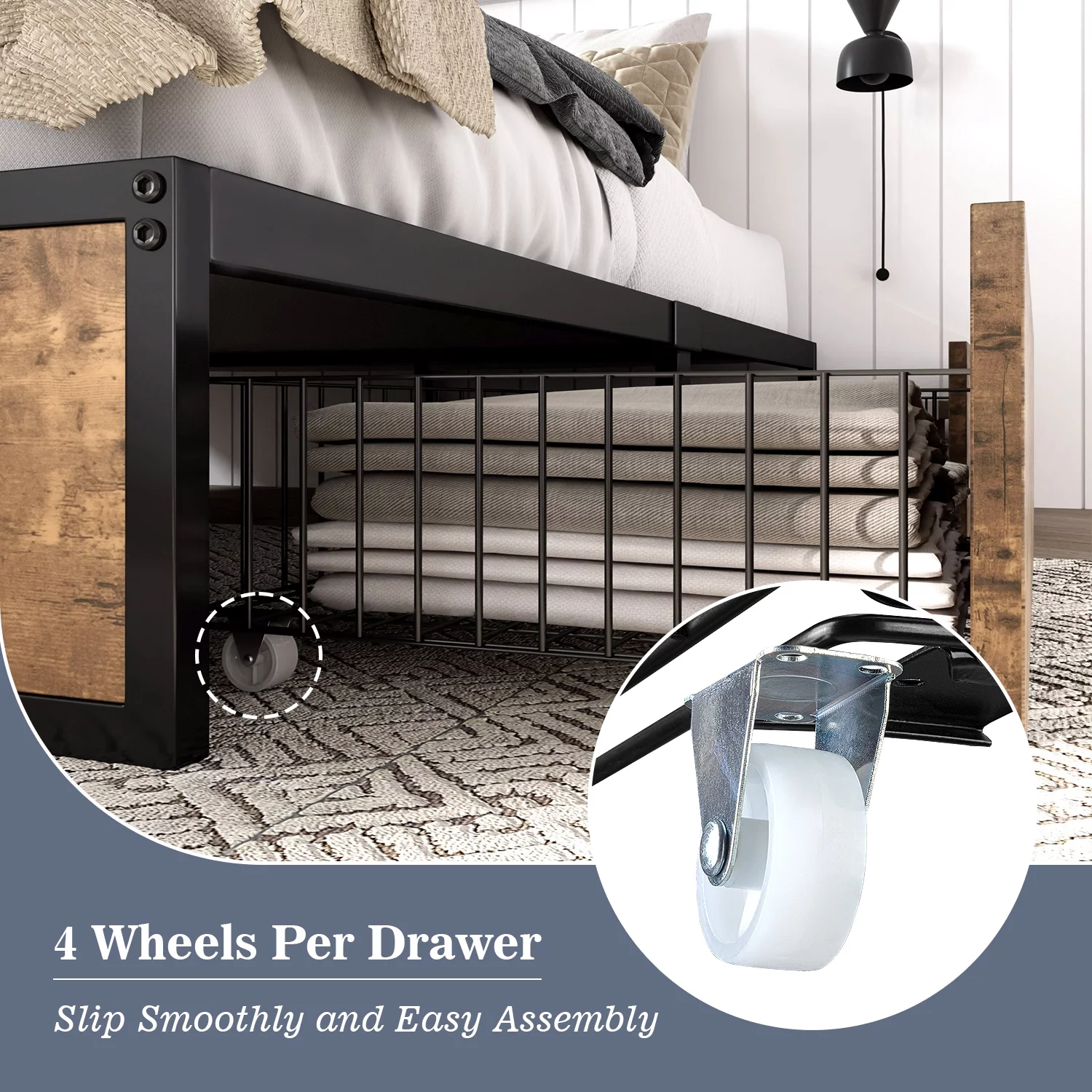 Allewie Industrial Queen Size Metal Platform Bed Frame with 4 XL Storage Drawers with Casters - Inhomebuy