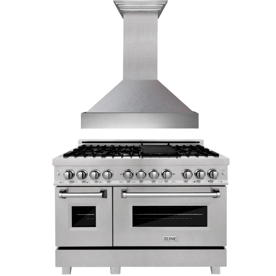 ZLINE 48 in. Dual Fuel Range & 48 in. Range Hood in DuraSnow® Appliance Package, 2KP-RASSNRH48 - Inhomebuy