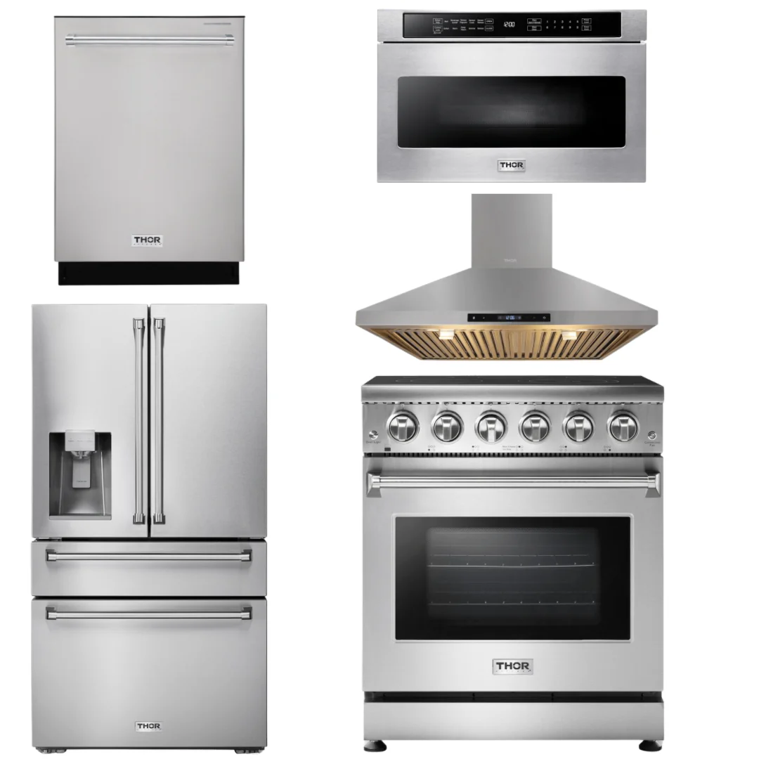 Thor Kitchen Package - 30 inch Electric Range, Range Hood, Microwave, Refrigerator with Water and Ice Dispenser, Dishwasher, AP-HRE3001-13 - Inhomebuy
