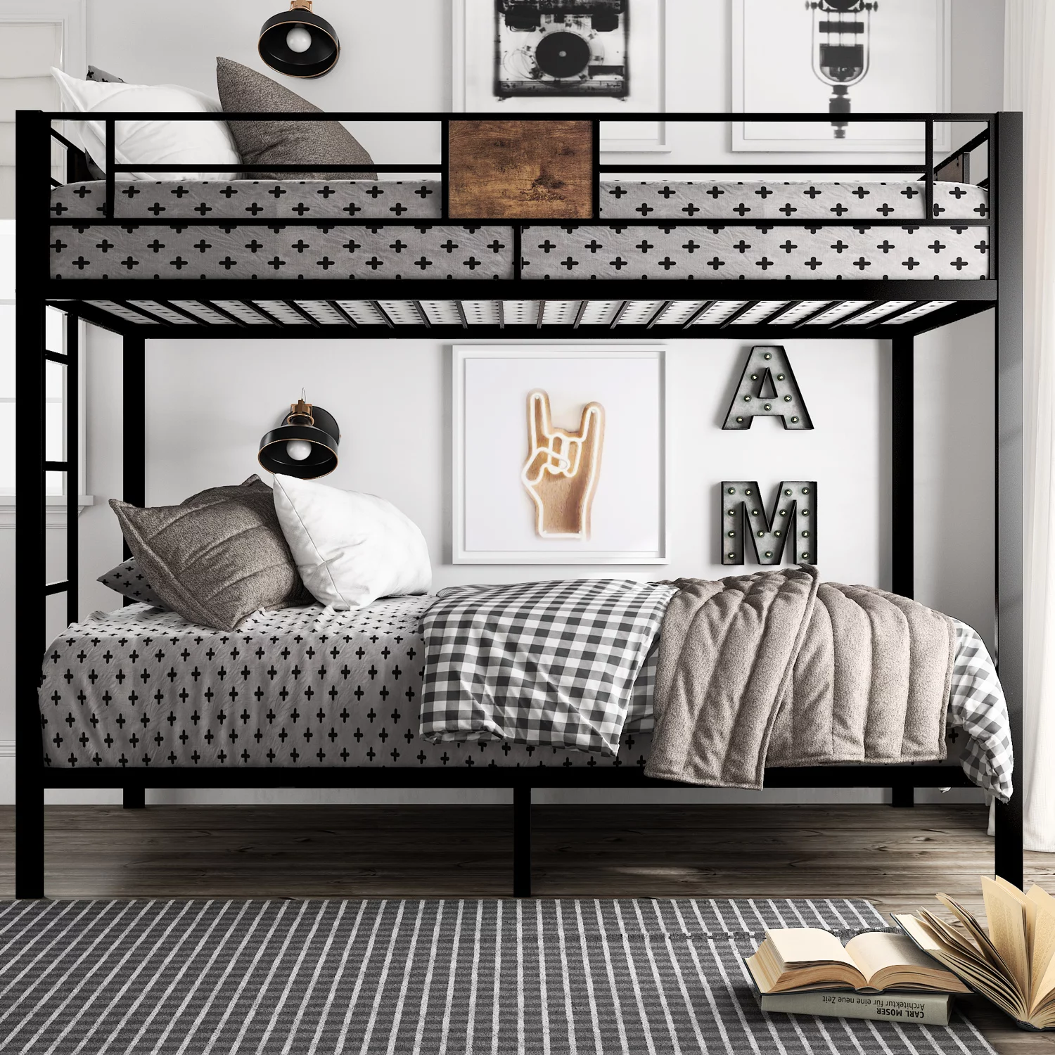 Amolife Metal Twin Over Twin Size Bunk Bed Frame with Stairs & Full-Length Guardrail, Black - Inhomebuy