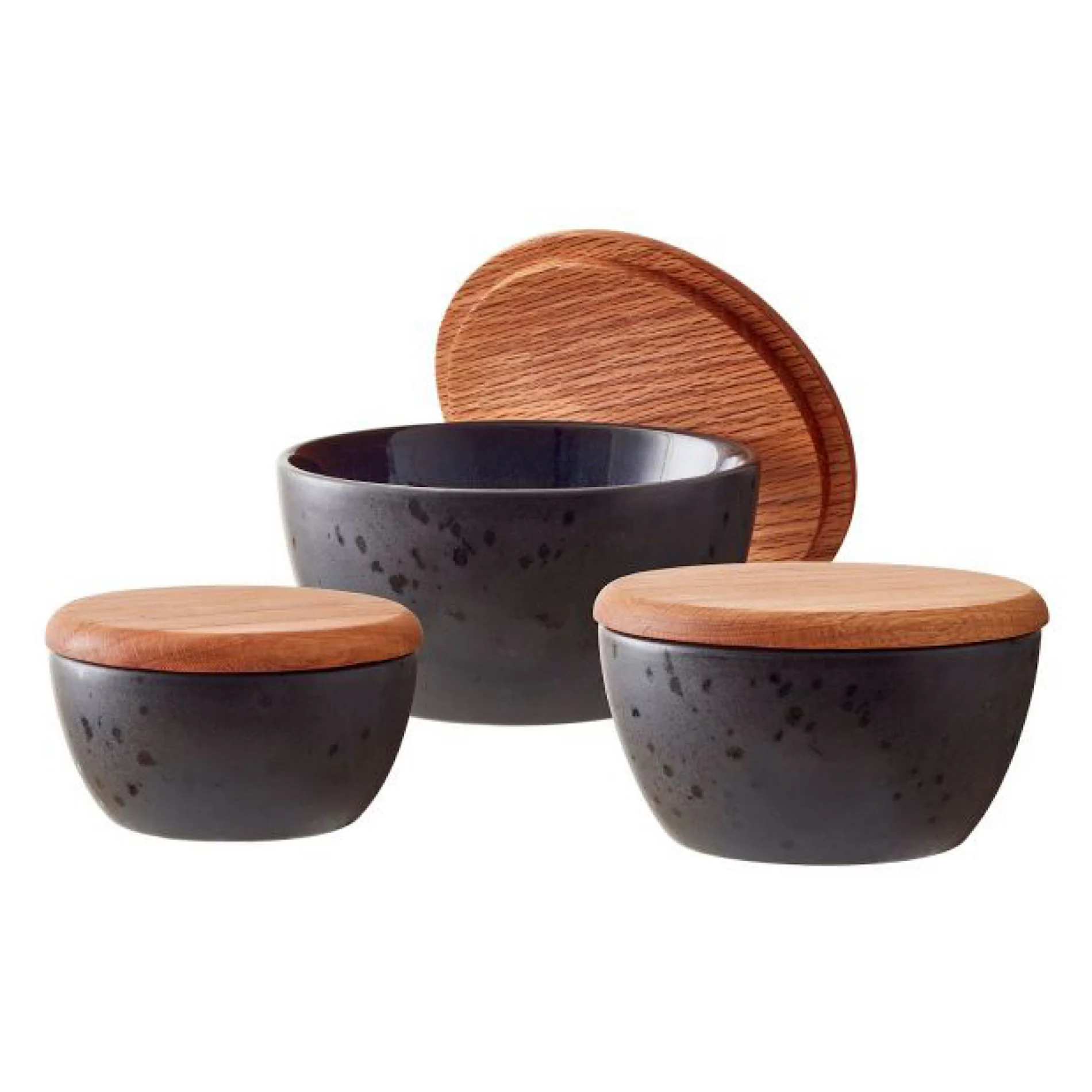 Stoneware Bowl With Lid Set 3 Pcs Black, Dark Blue - Inhomebuy
