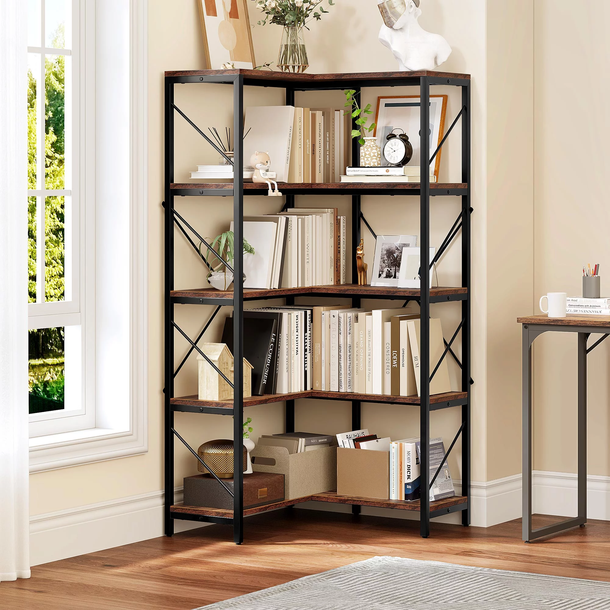 5-Tier L-Shaped Bookcase Storage Organizer, Tall Corner Bookshelf Open Display Freestanding Storage,Dark Gray - Inhomebuy