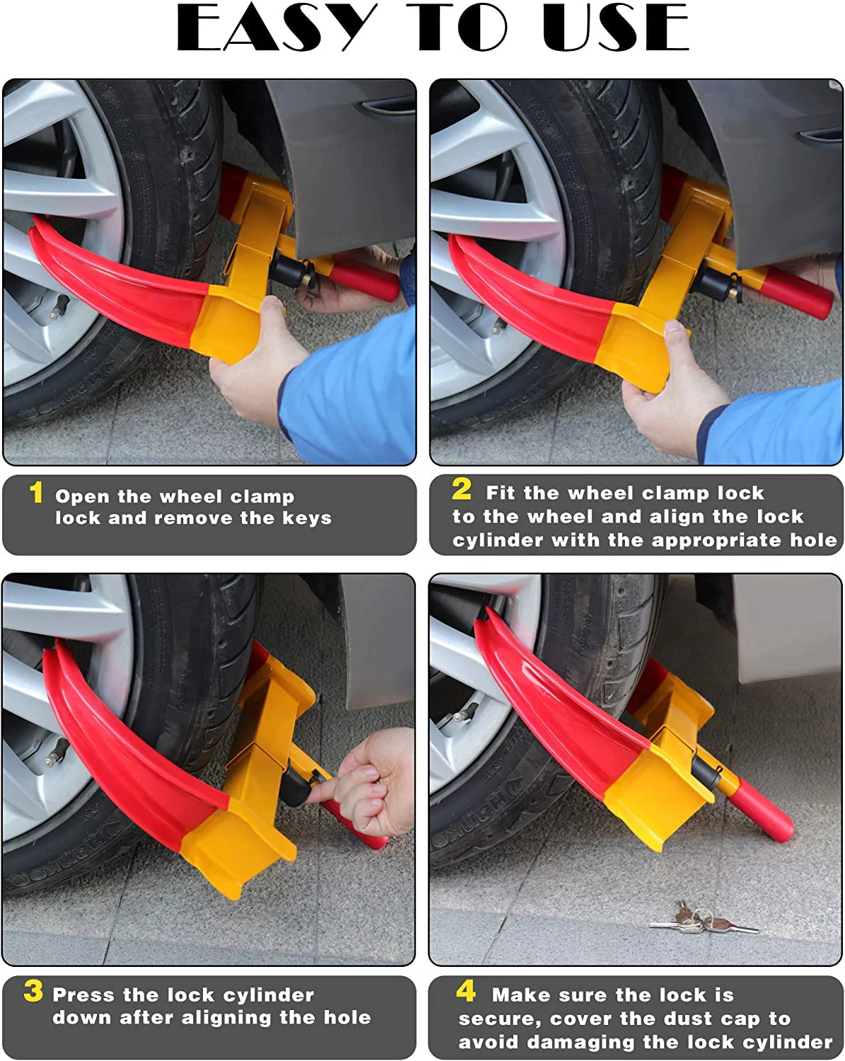 Tevlaphee Universal Wheel Lock Heavy Duty Security Trailer Wheel Lock Tires Anti Theft for Car SUV Boat Motorcycle Golf Cart Great Deterrent Bright Color with 3 Keys - Inhomebuy