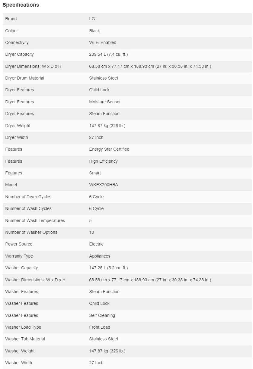 LG BLACK STEEL SINGLE UNIT FRONT LOAD WASHTOWER 5.2 CU. FT. WASHER, 7.4 CU. FT. ELECTRIC DRYER - WKE - Inhomebuy