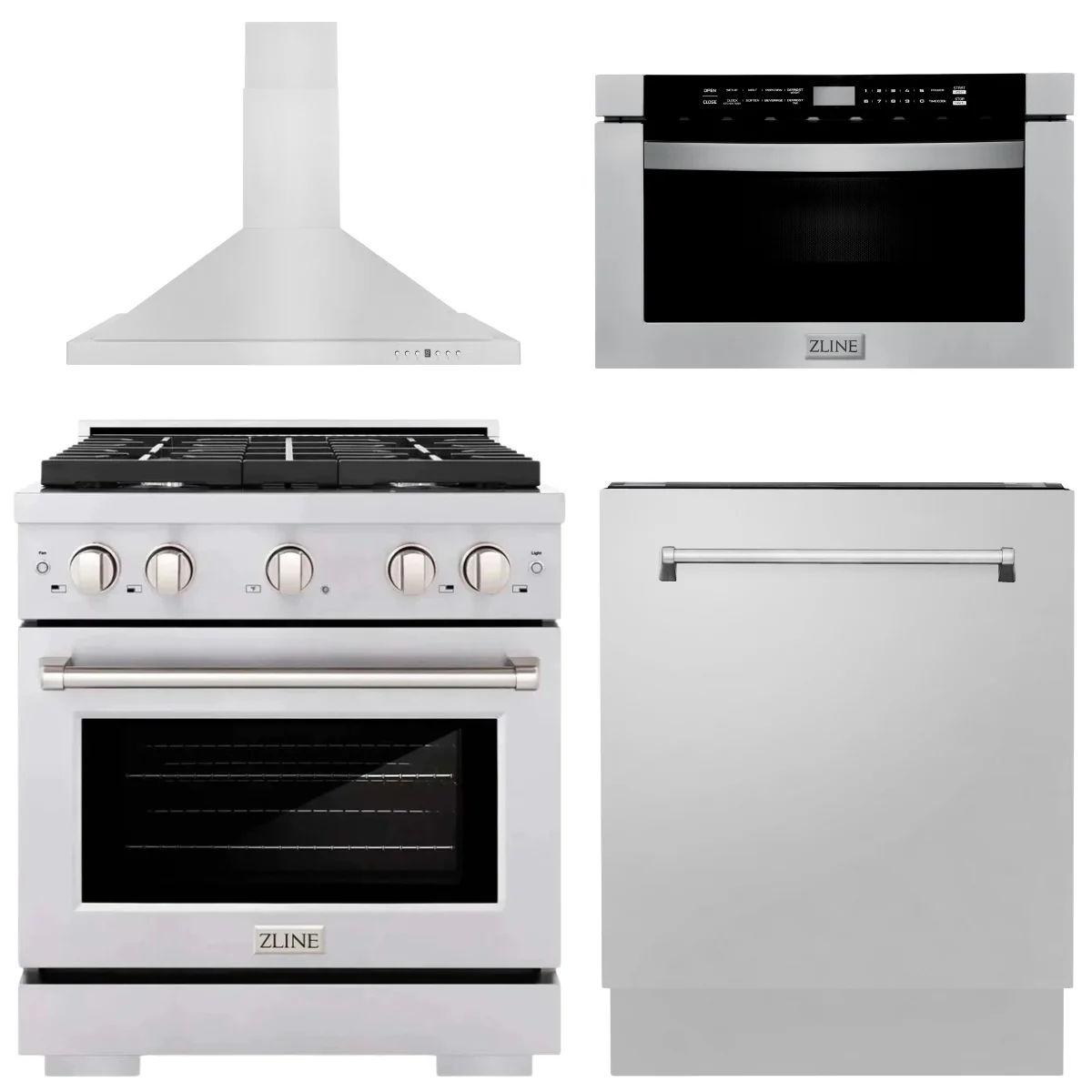 ZLINE Appliance Package - 30 in. Gas Range, Range Hood, Microwave Drawer, 3 Rack Dishwasher, 4KP-SGRRH30-MWDWV - Inhomebuy
