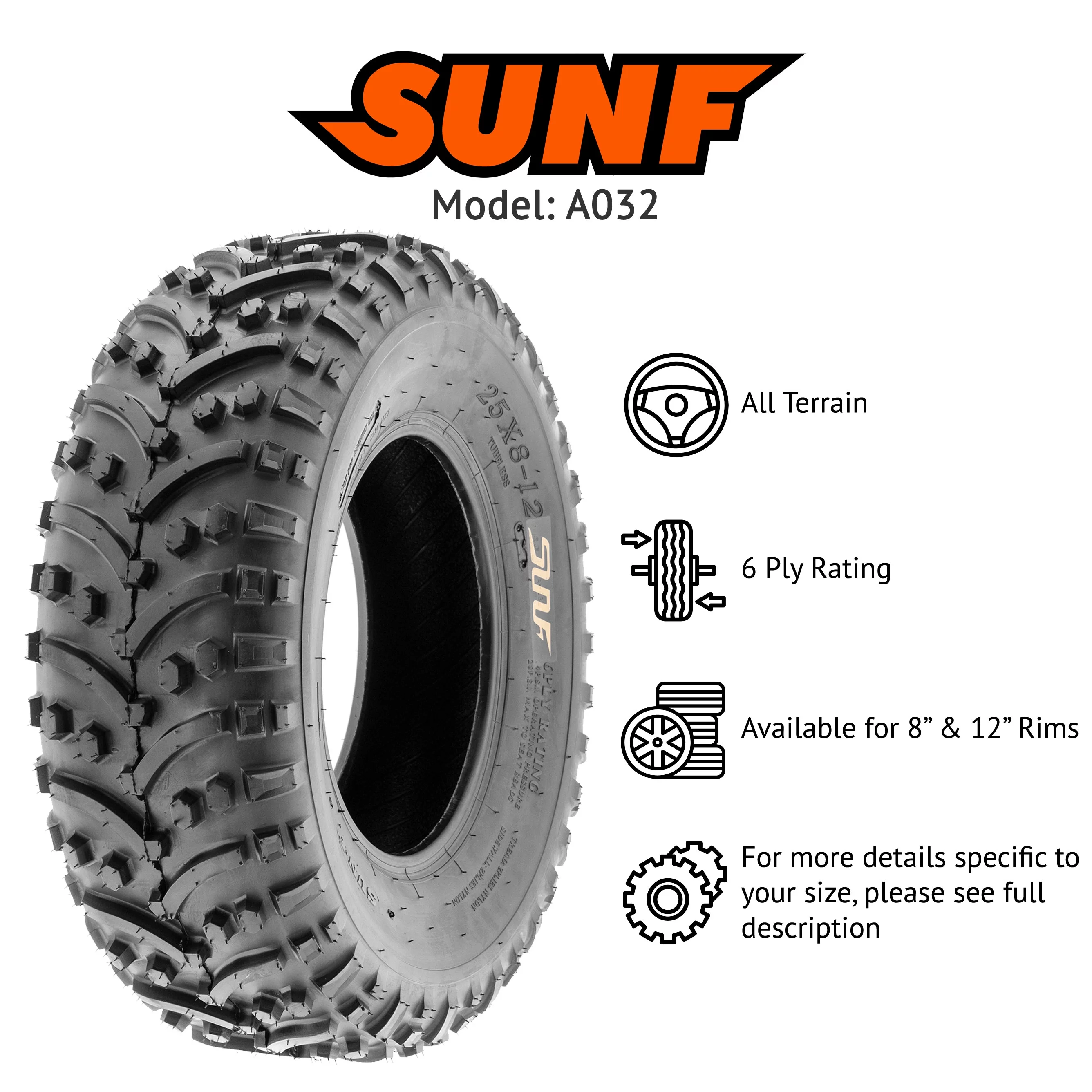 Set of 4 SunF ATV UTV Tires A032 25x8-12 25x8x12 6 PR - Inhomebuy