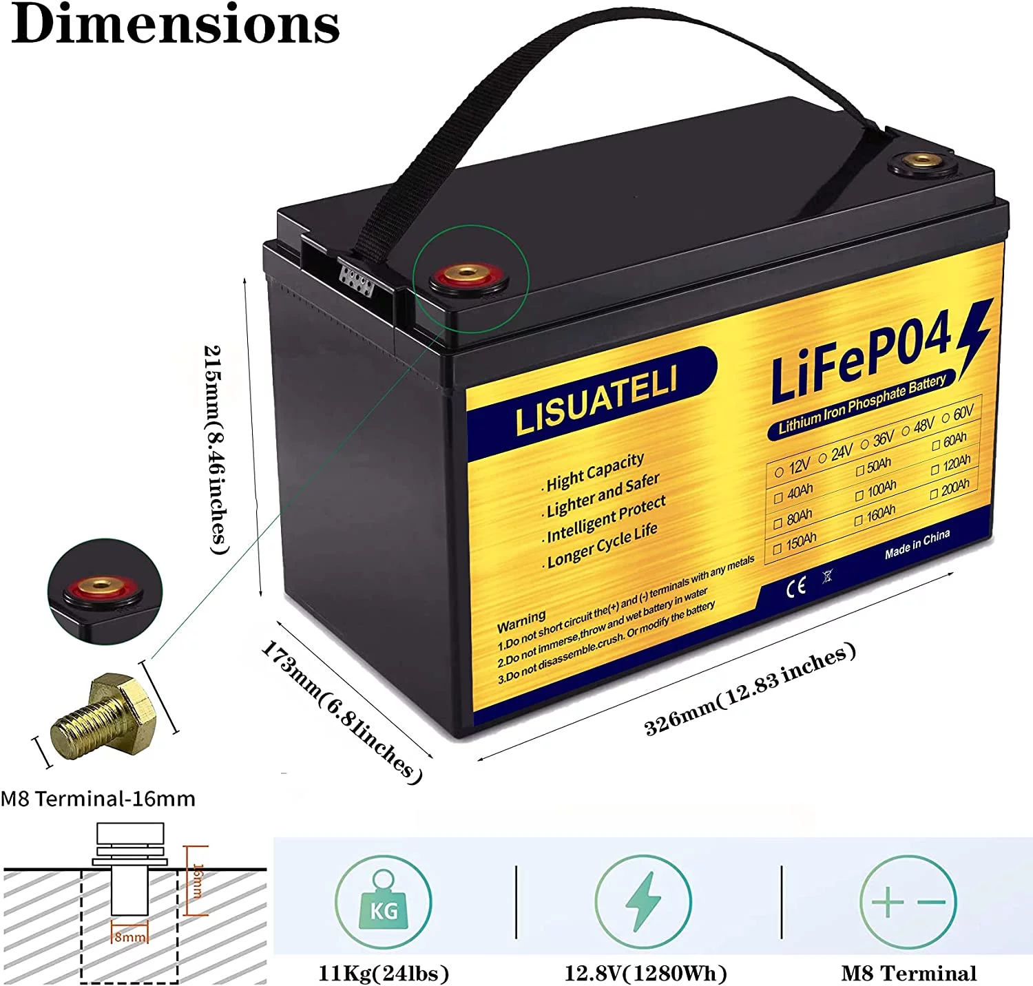 LISUATELI 12V 100Ah Lifepo4 Lithium Batteries  Deep Cycles for Golf Cart Solar RV Camper Marine Battery  1280Wh with 100A BMS - Inhomebuy