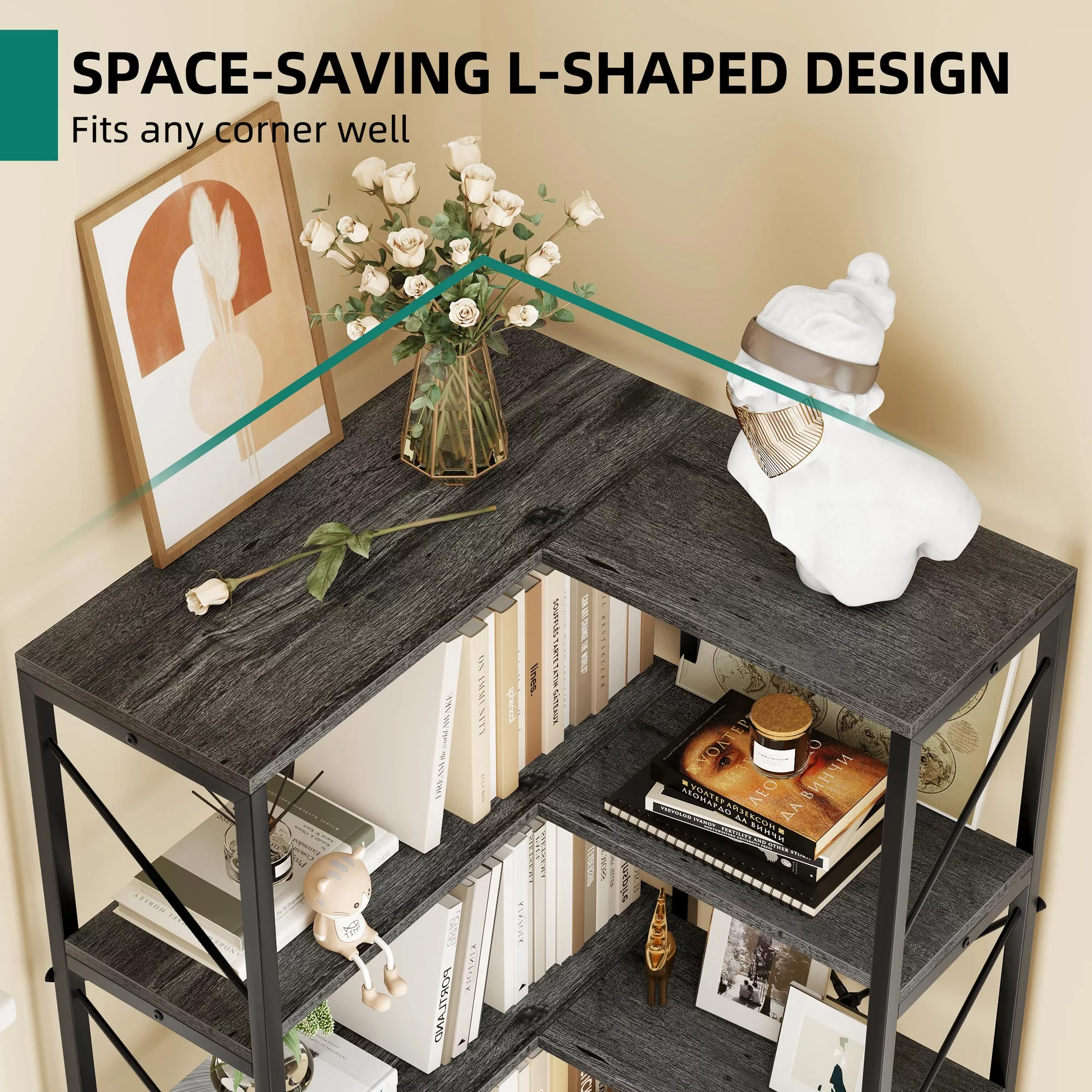 5-Tier L-Shaped Bookcase Storage Organizer, Tall Corner Bookshelf Open Display Freestanding Storage,Dark Gray - Inhomebuy