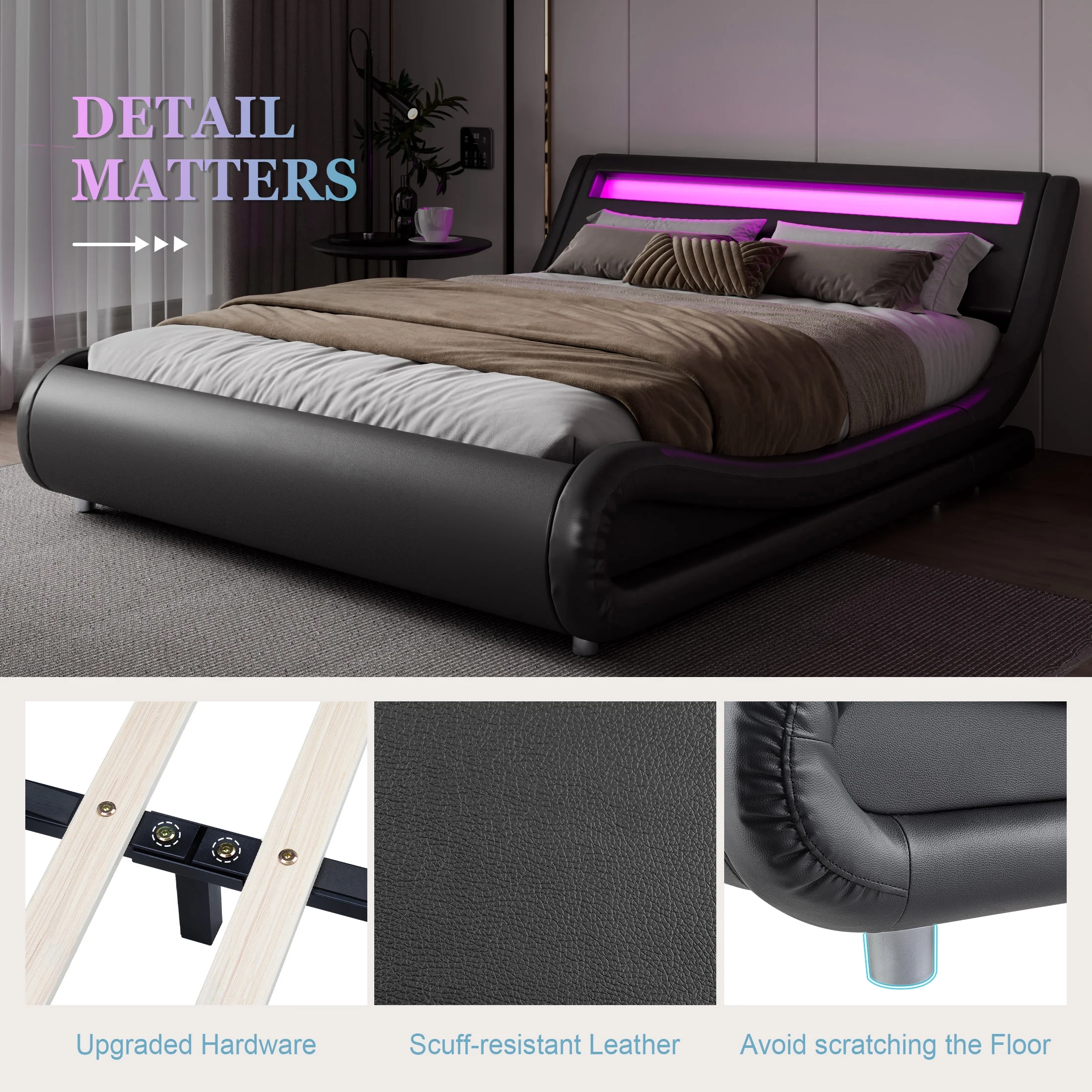 Amolife Queen Size Wave-Like Curve Deluxe Upholstered Modern Bed Frame with LED Headboard, Black - Inhomebuy