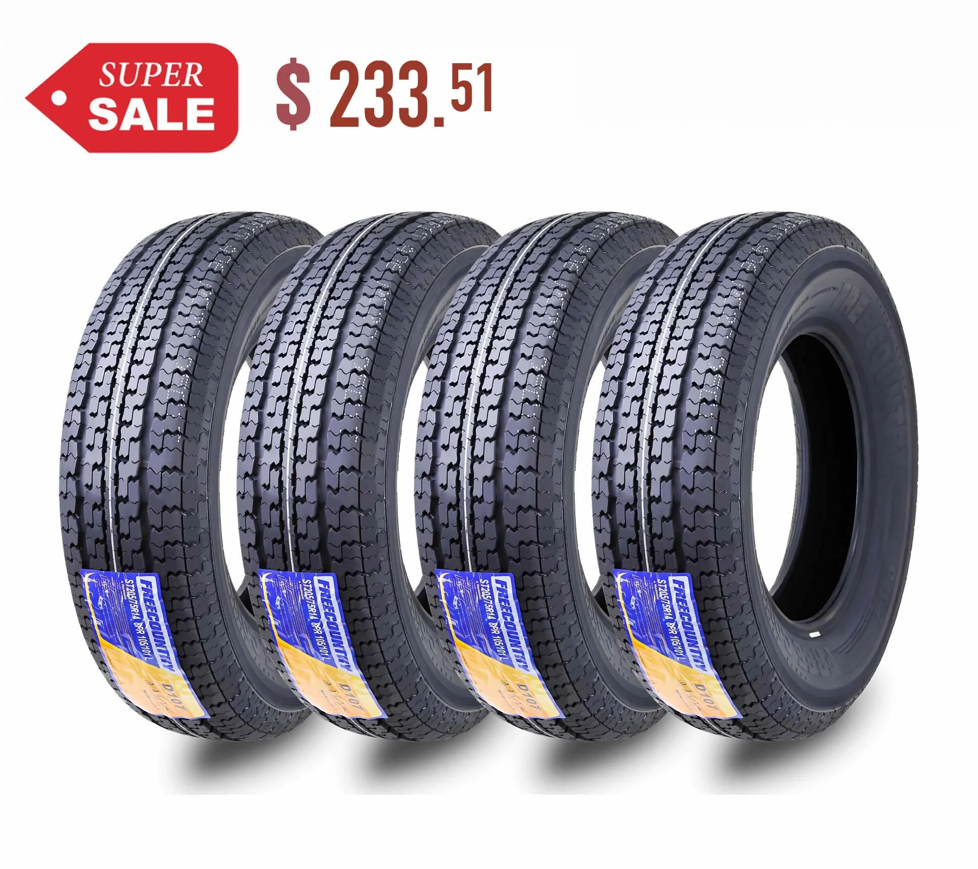 FREE COUNTRY Premium Trailer Tires ST 205/75R14 8PR Load Range D Steel Belted Radial w/Scuff Guard, Set of 4 - Inhomebuy