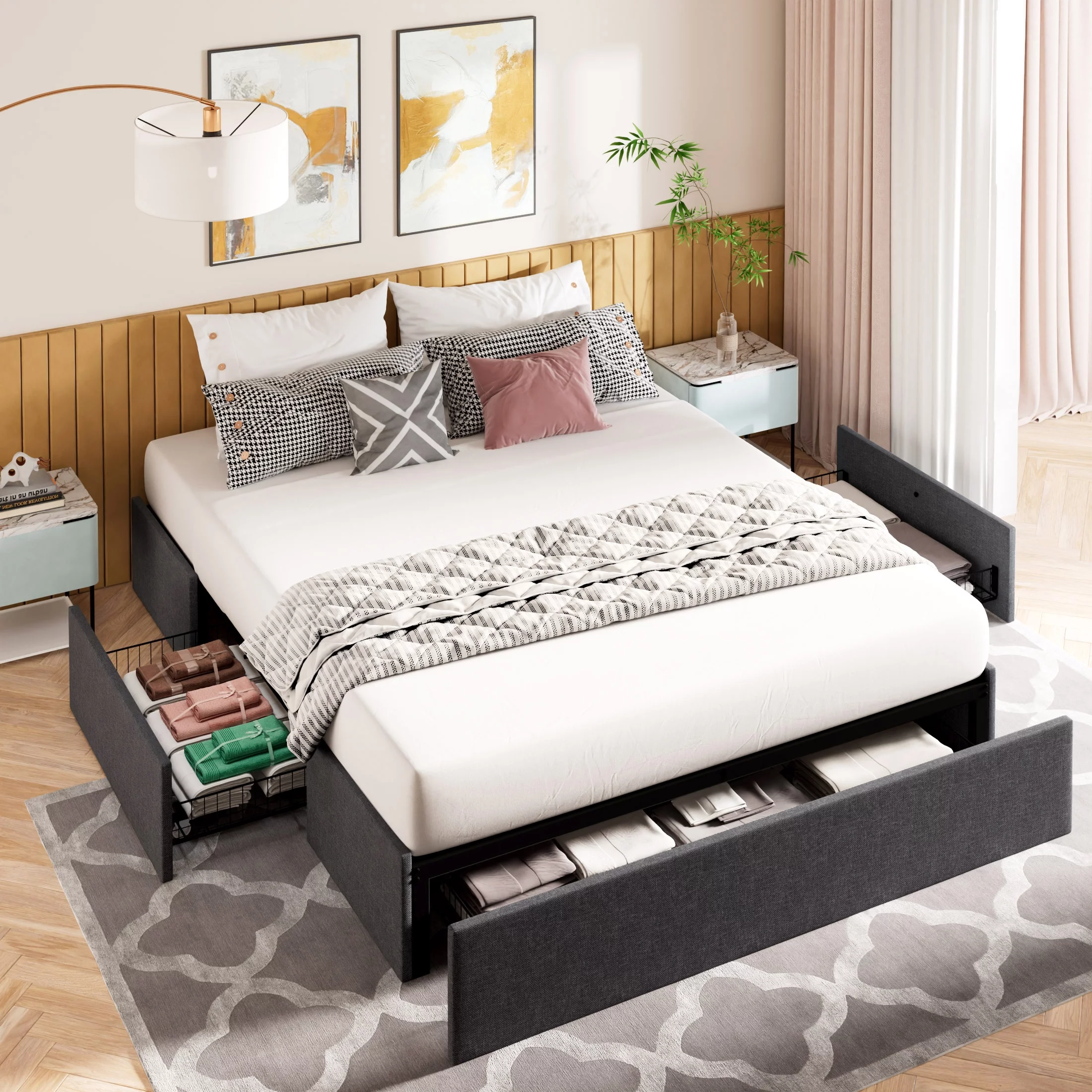 Amolife Queen Size Upholstered Platform Bed Frame with 3 Storage Drawers and Wooden Slats, Dark Grey - Inhomebuy