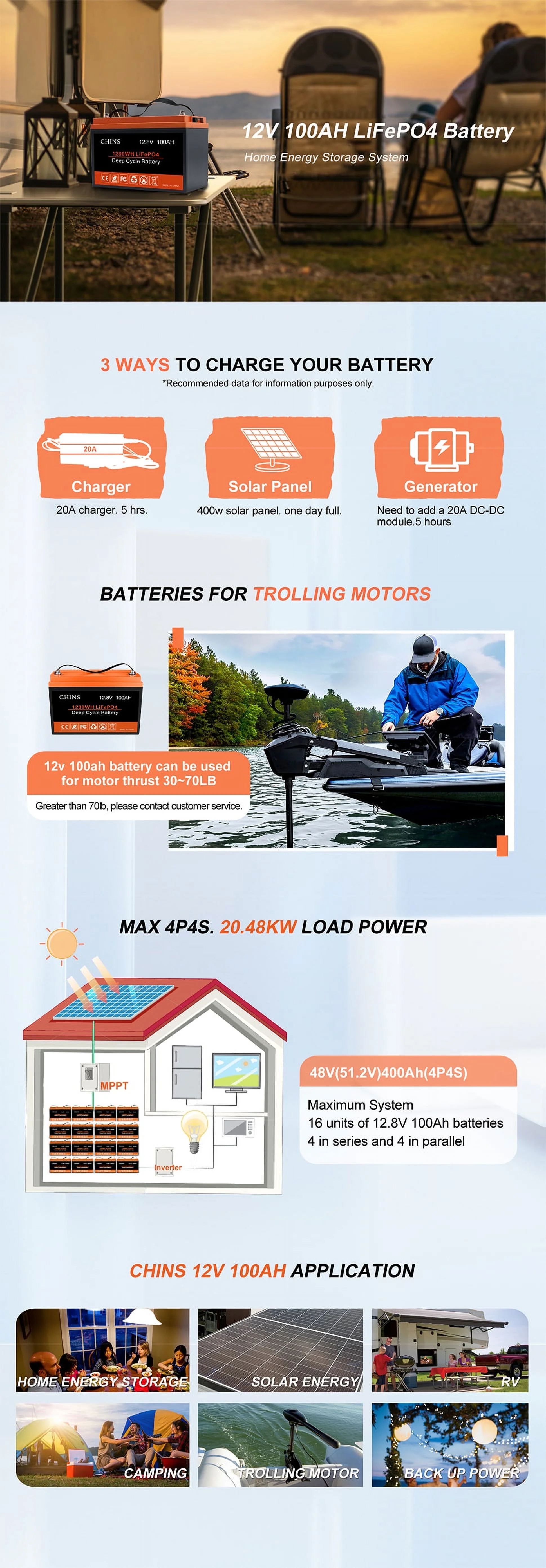 CHINS Smart LiFePO4 Lithium Iron Battery 12.8V 100Ah for Boat Fishing - Inhomebuy