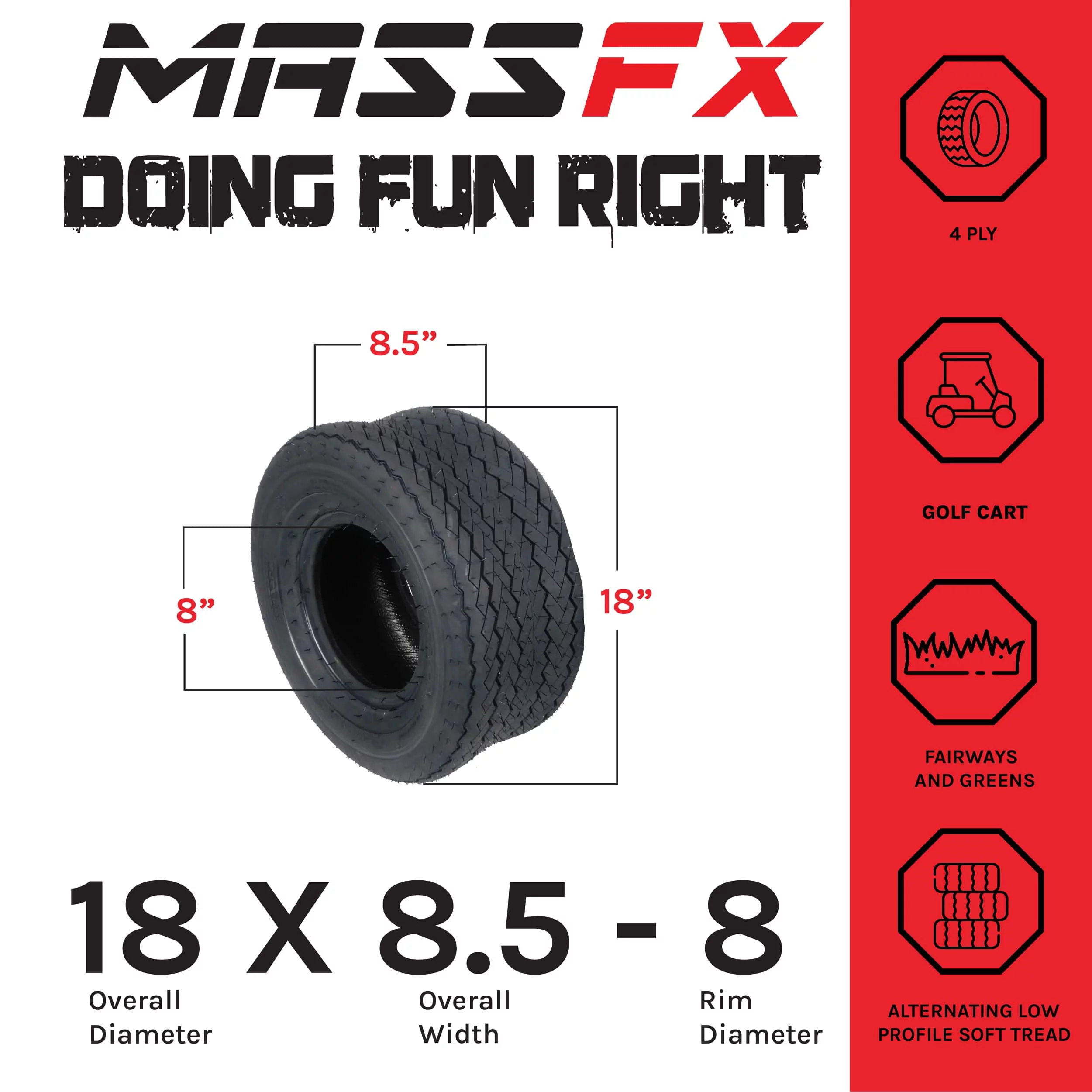 MASSFX 18x8.5-8 Golf Cart, Turf, Lawn & Garden Tire 4 Ply with 6mm Tread Depth 18x8.5x8 (4 Pack) - Inhomebuy