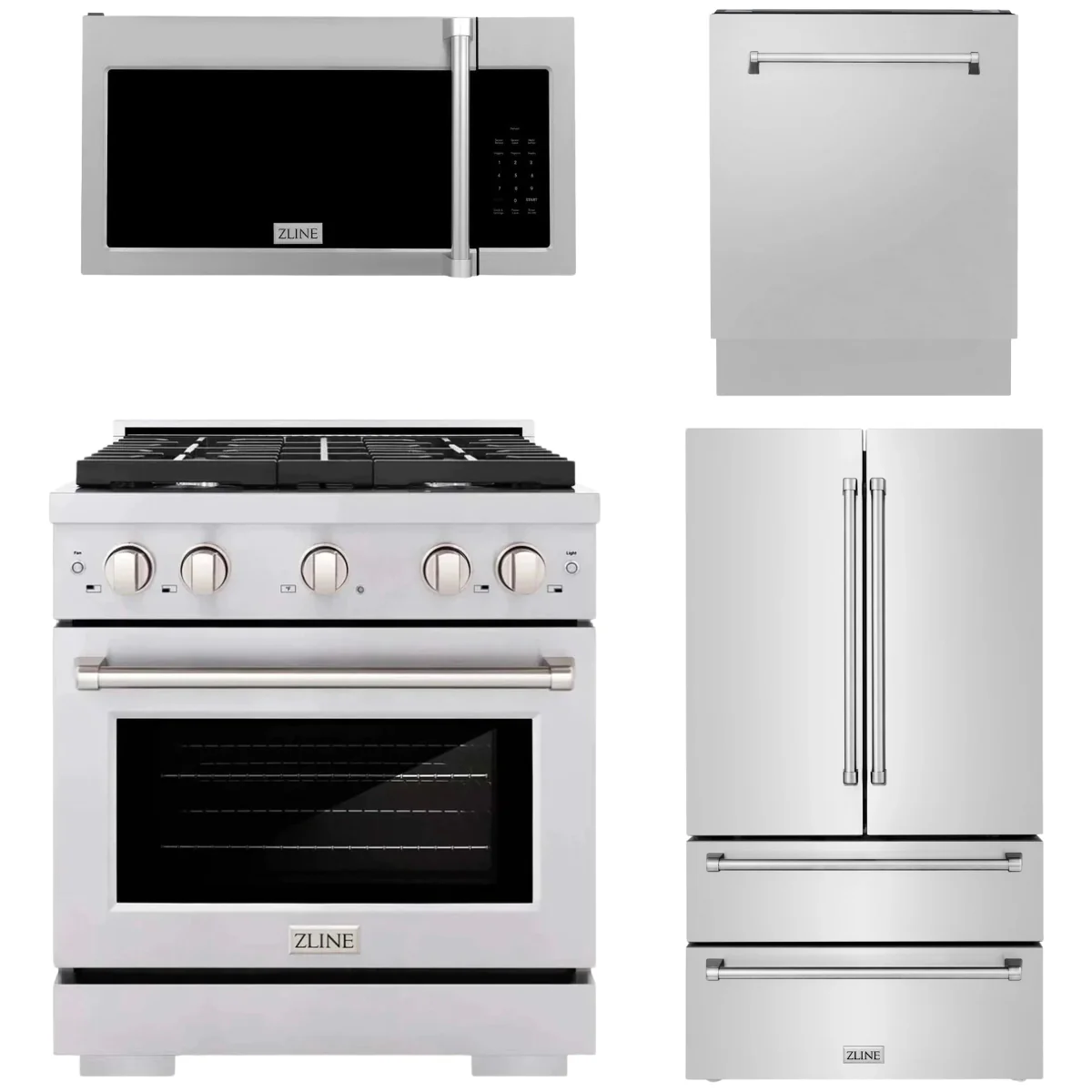 ZLINE Appliance Package - 30 in. Gas Range, Over The Range Microwave, 3 Rack Dishwasher, Refrigerator, 4KPR-SGROTRH30-DWV - Inhomebuy