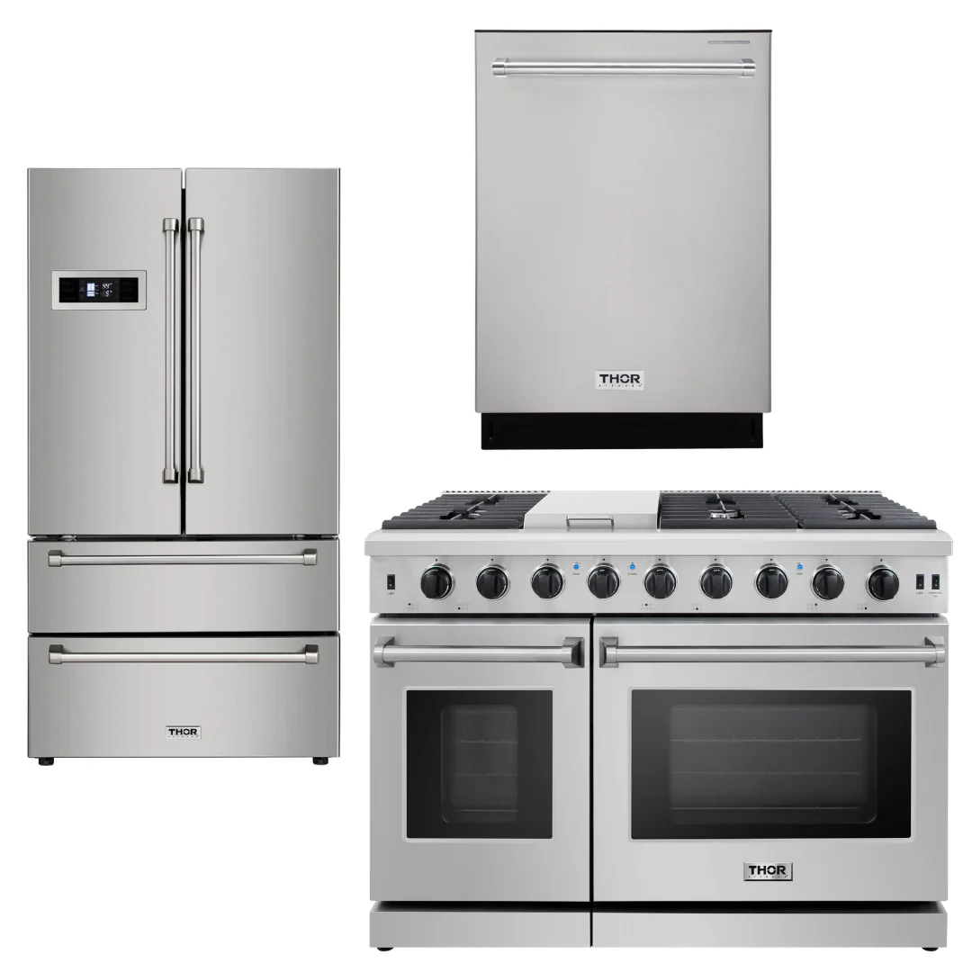 Thor Kitchen Appliances Set - 48 in. Gas Range, Dishwasher, Refrigerator - Stainless Steel, AS-LRG4807U-2 - Inhomebuy