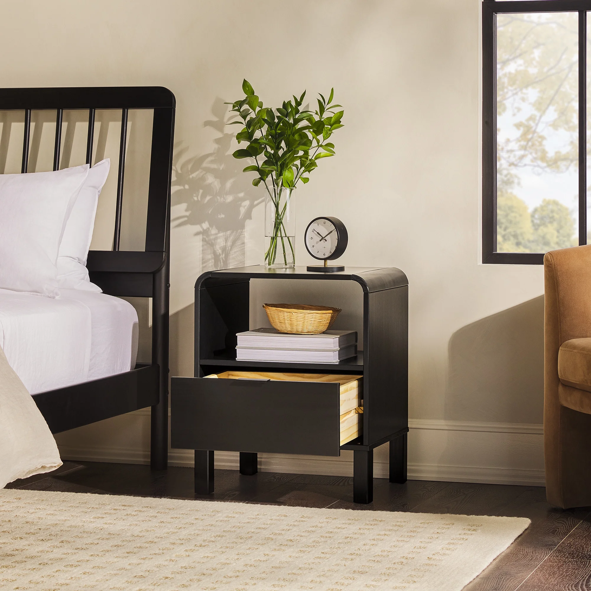 Walker Edison Modern Curved-Frame Solid Wood Nightstand, Brown - Inhomebuy