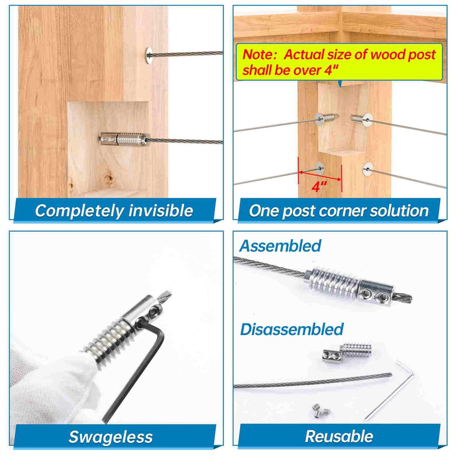 Muzata 1/8 Invisible Cable Railing Kit Lag Screw Cable Genie Tensioner Hidden T316 Stainless Steel for 4×4 6×6 8×8 Wood Posts Deck - Inhomebuy