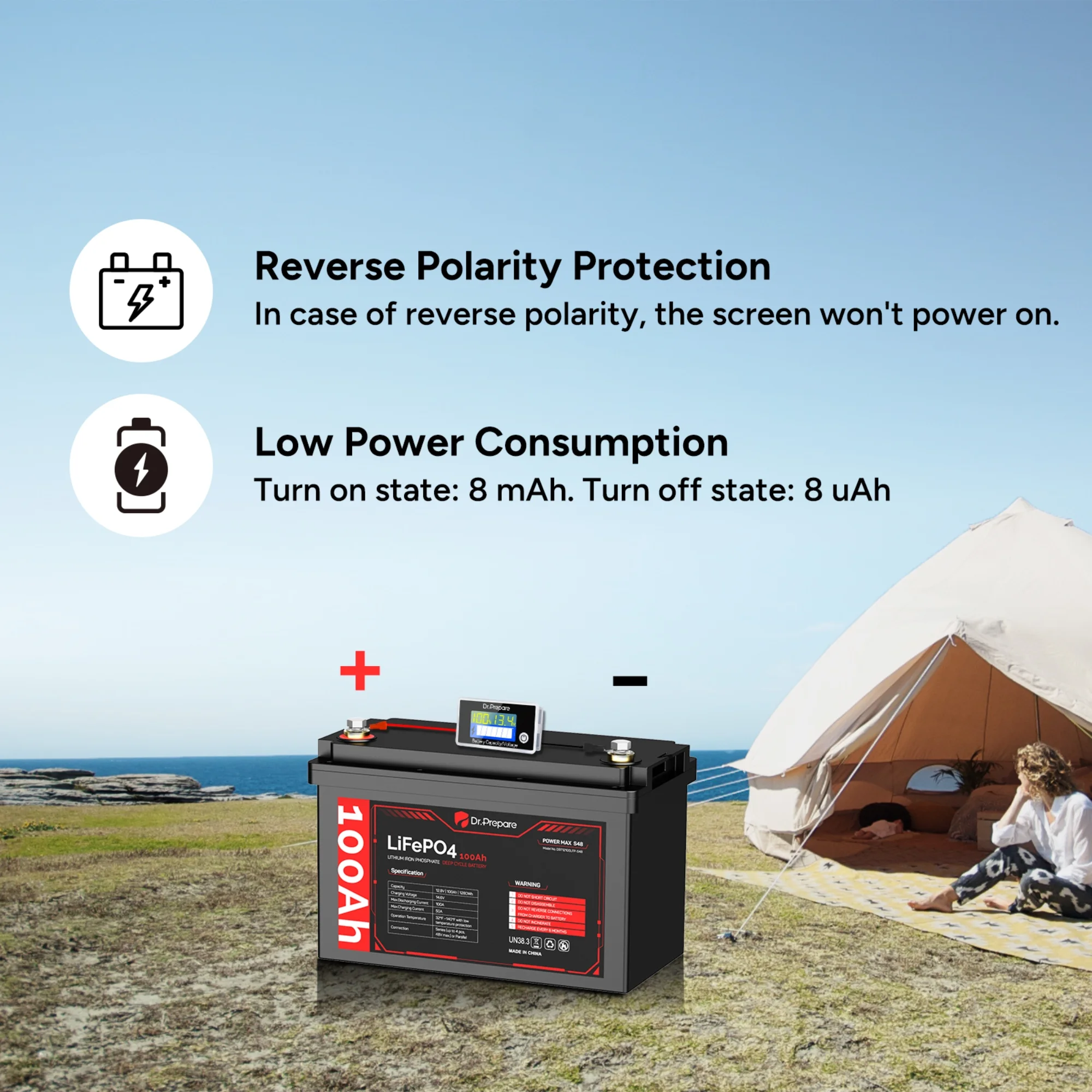 Dr. Prepare 100Ah LiFePO4 Lithium Deep Cycle Battery w/Battery Capacity Voltage Monitor for RV/Boat/Off-grid Cabin - Inhomebuy