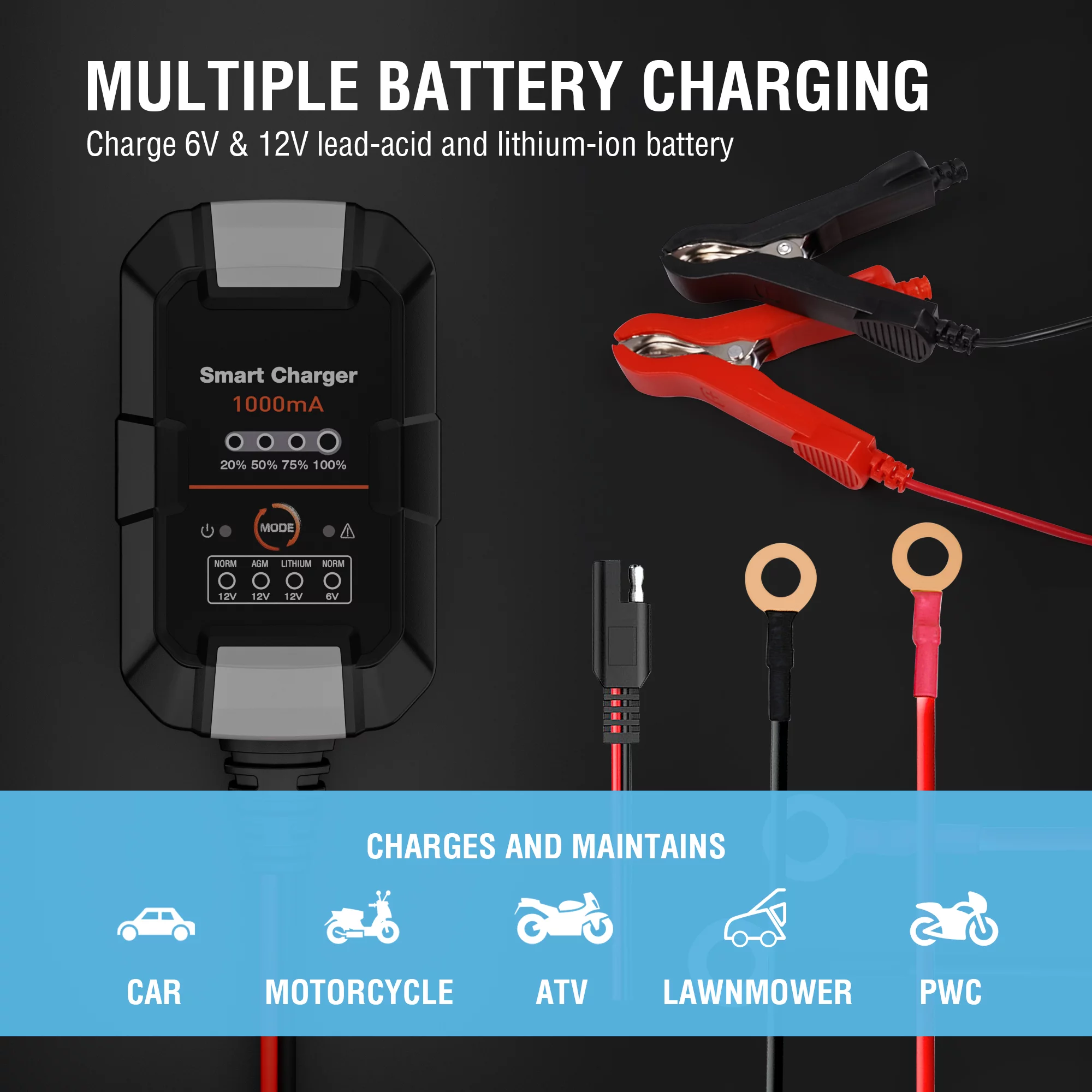 NEXPOW Battery Charger - 6V/12V 1A Trickle Charger, Battery Maintainer for Car Motorcycle - Inhomebuy