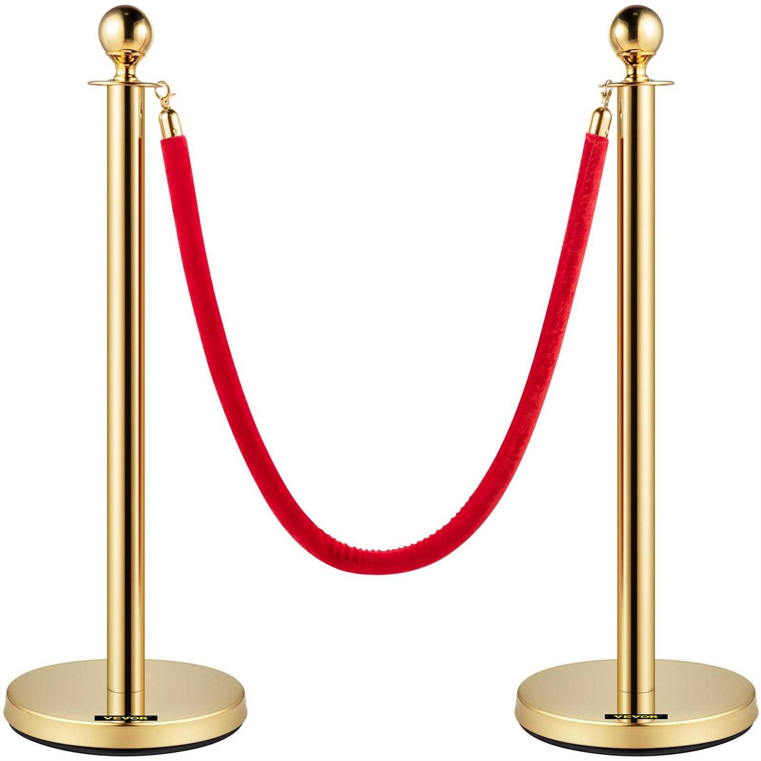 VEVOR Velvet Ropes and Posts 5 ft. Red Rope Stainless Steel Gold Stanchion with Ball Top Crowd Control Barrier - Inhomebuy