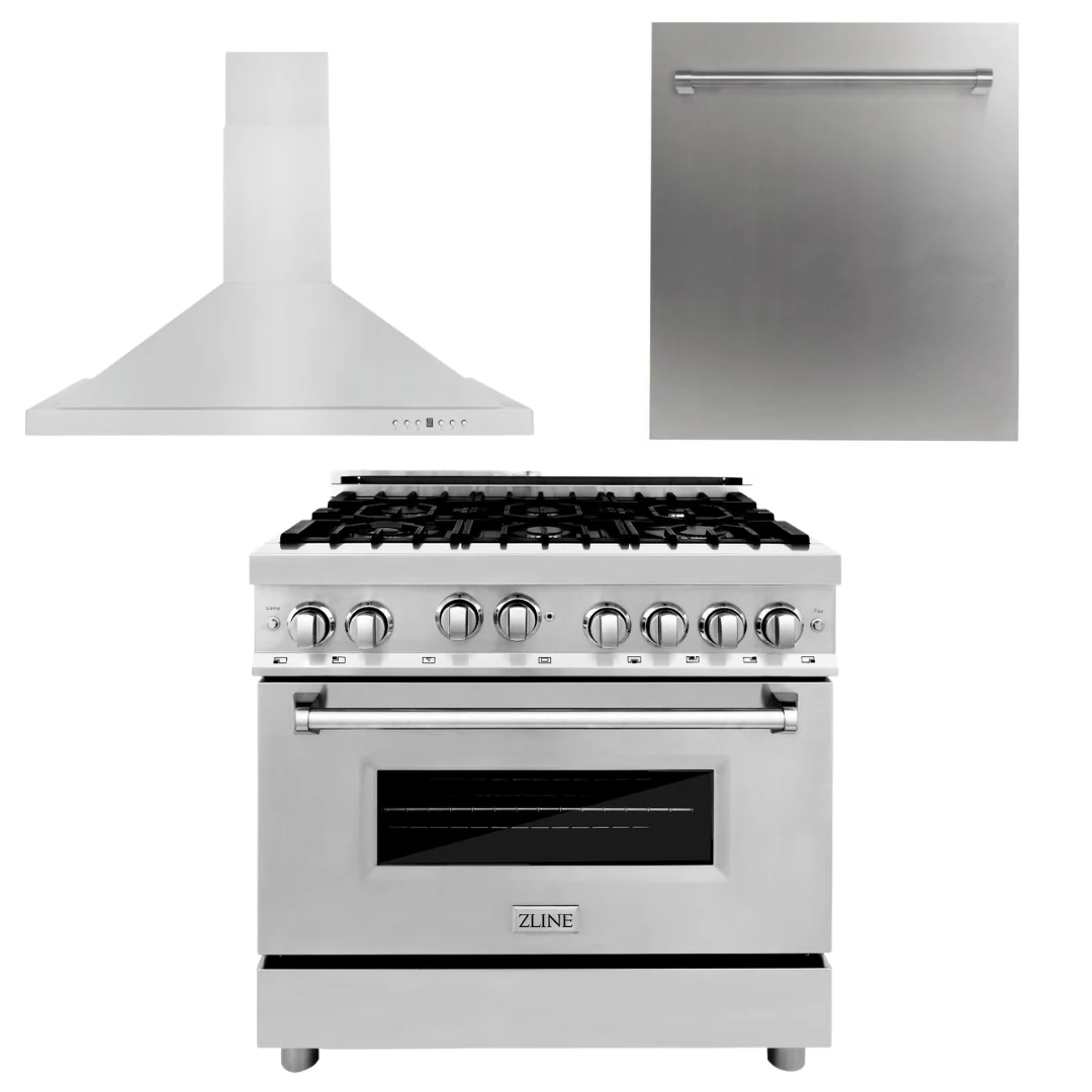 ZLINE Appliance Package - 36 in. Gas Range, Range Hood, Dishwasher, 3KP-RGRH36-DW - Inhomebuy