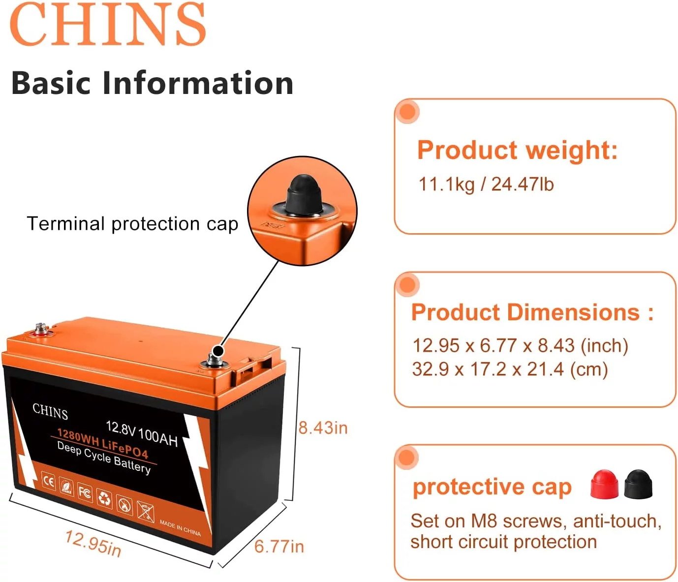CHINS Smart LiFePO4 Lithium Iron Battery 12.8V 100Ah for Boat Fishing - Inhomebuy