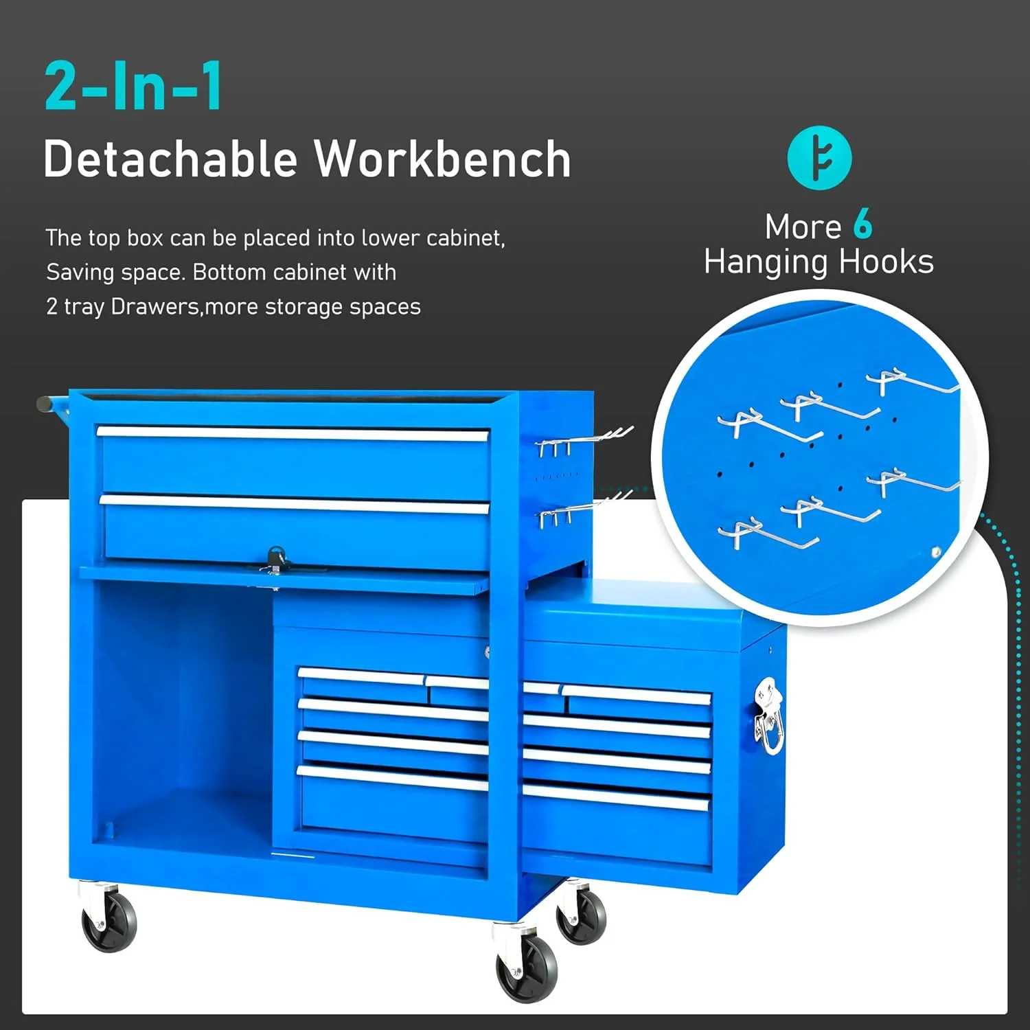 2-IN-1  Tool Chest & Cabinet, Large Capacity 8-Drawer Rolling Tool Box Organizer with Wheels Lockable Craft, Black - Inhomebuy