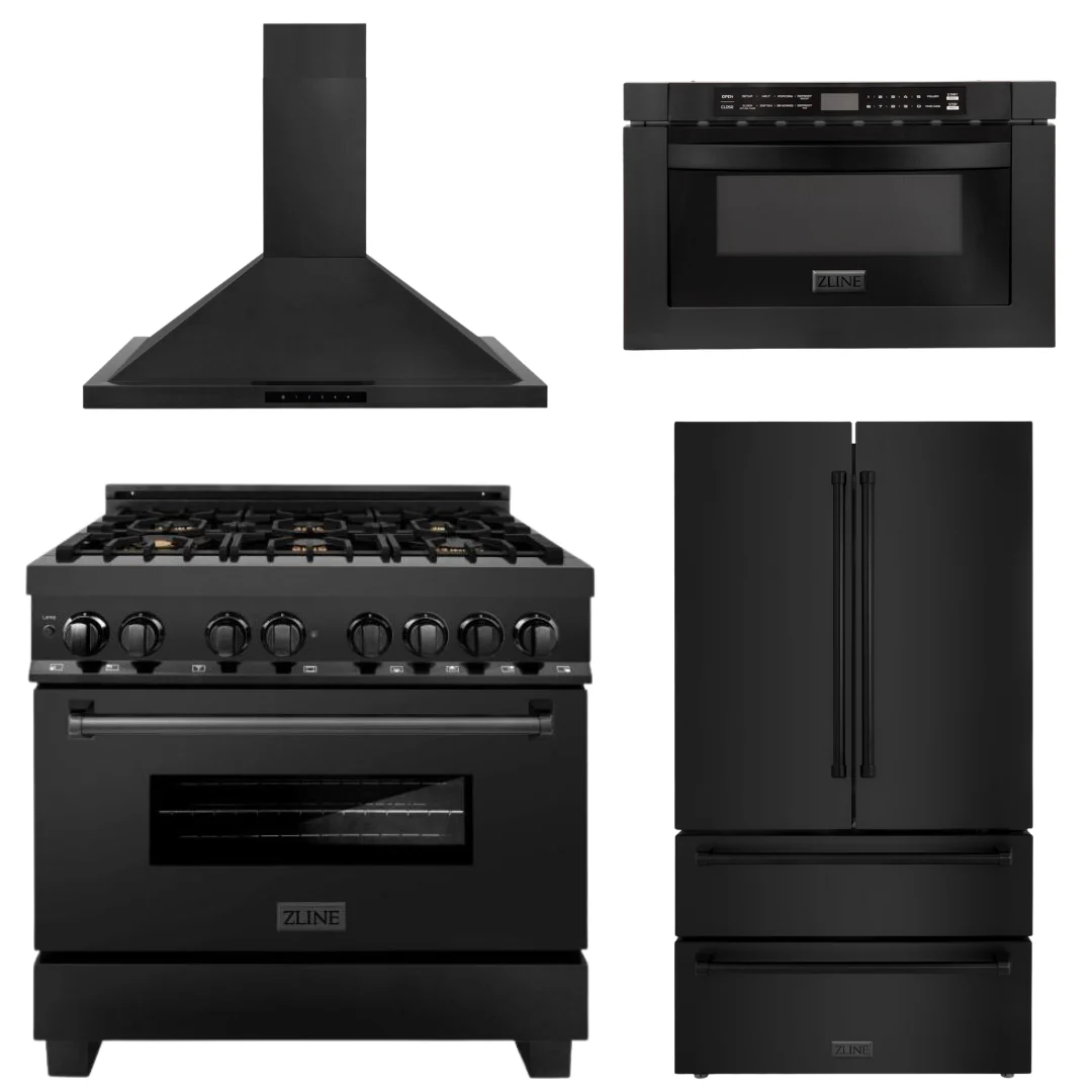 ZLINE Kitchen and Bath Appliance Package - 36 in. Dual Fuel Range, Range Hood, Microwave Drawer, Refrigerator in Black Stainless, 4KPR-RABRH36-MW - Inhomebuy