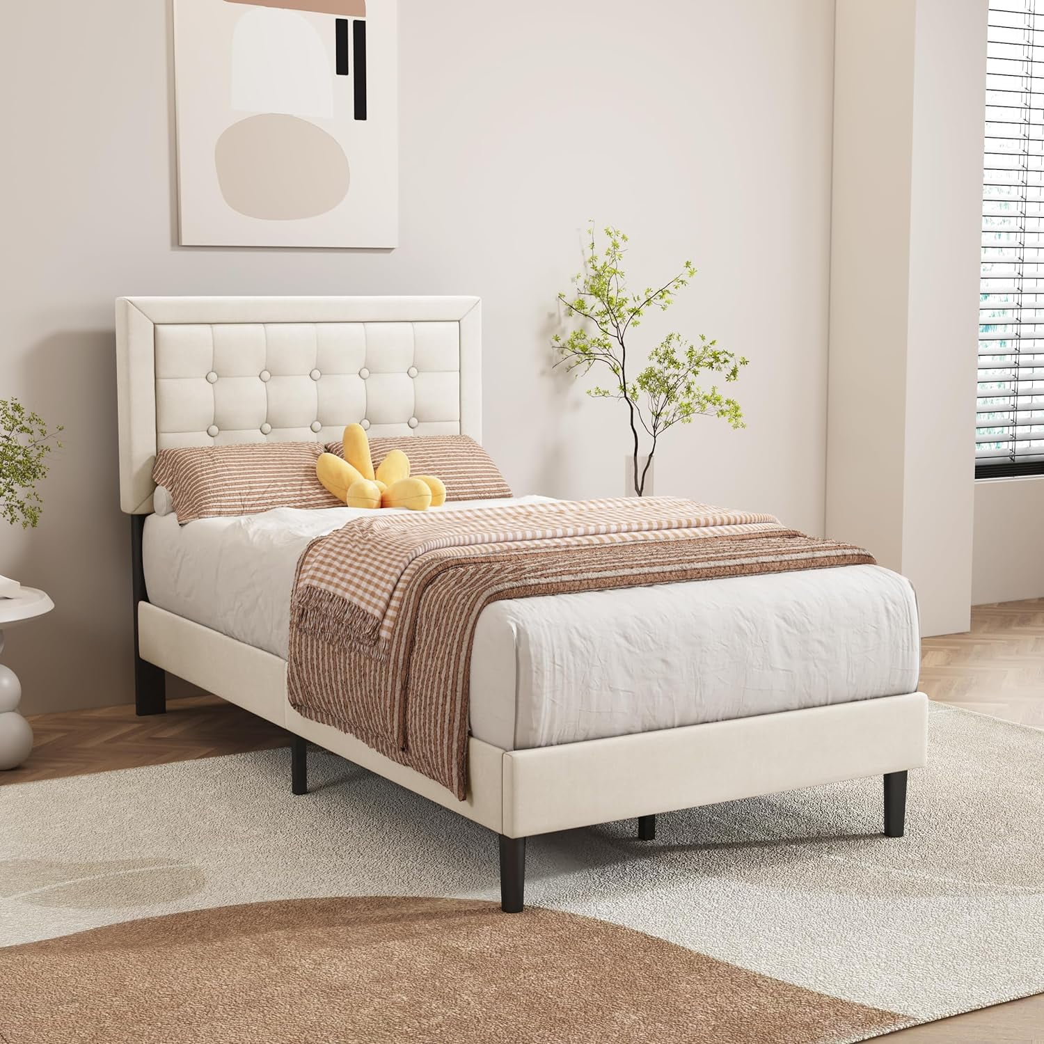 alazyhome Velvet Upholstered Platform Bed Frame Twin Size with Button Tufting Headboard , Easy Assembly, Pink - Inhomebuy