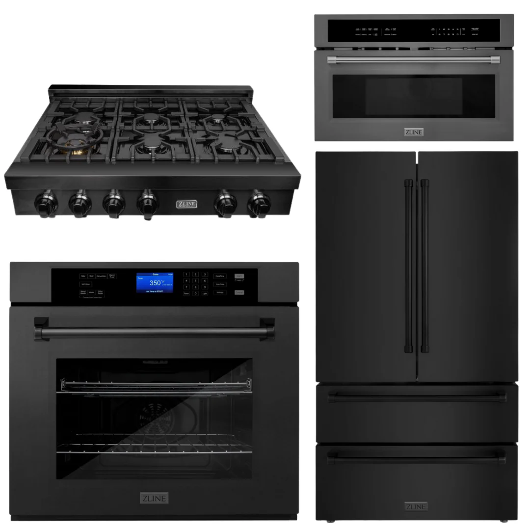 ZLINE 4-Piece Appliance Package - 36 In. Rangetop, Wall Oven, Refrigerator, and Microwave Oven in Black Stainless Steel, 4KPR-RTB36-MWAWS - Inhomebuy