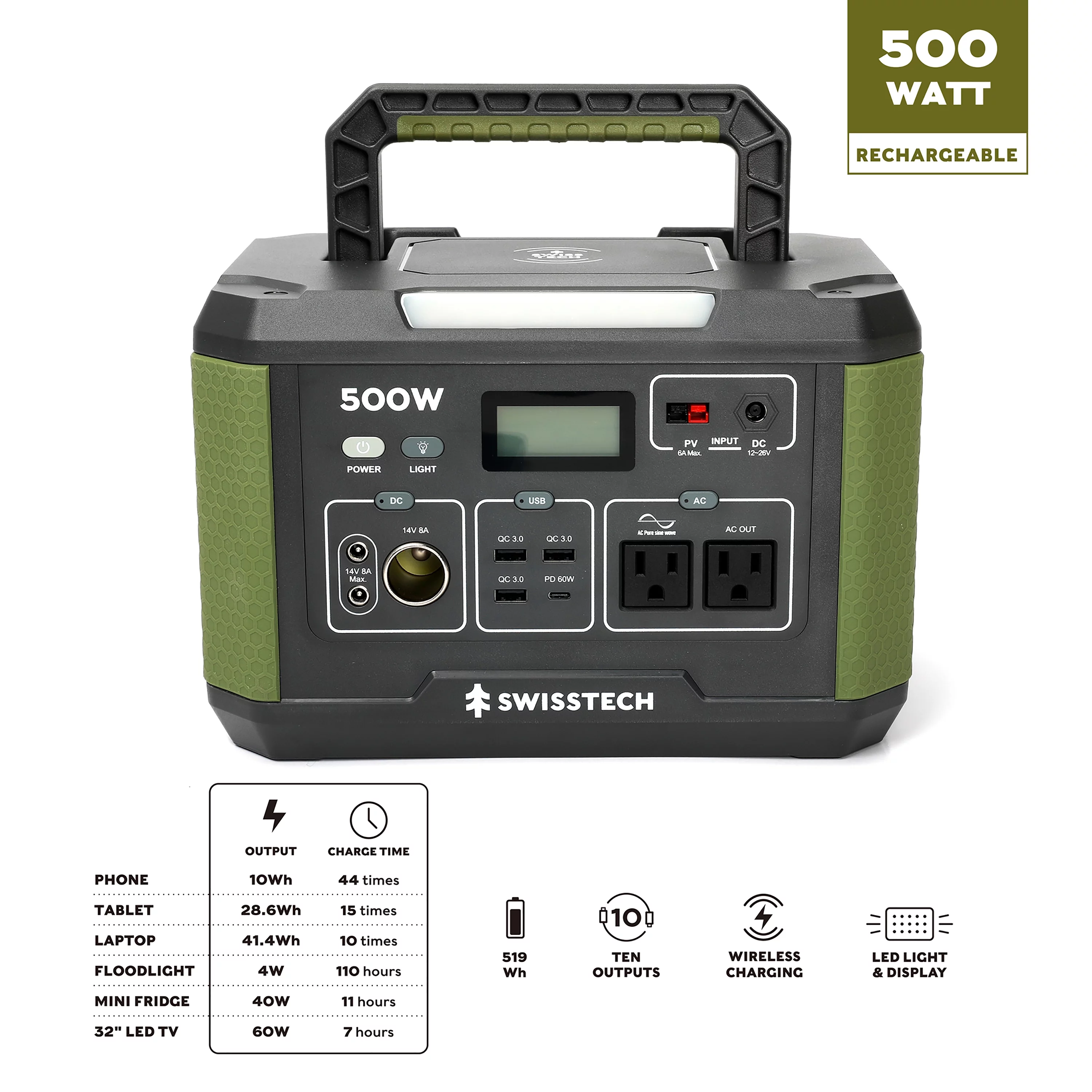 Swiss Tech 500W Portable Power Station, 519.4Wh, Solar Powered Battery for Camping and Travel Emergency - Inhomebuy